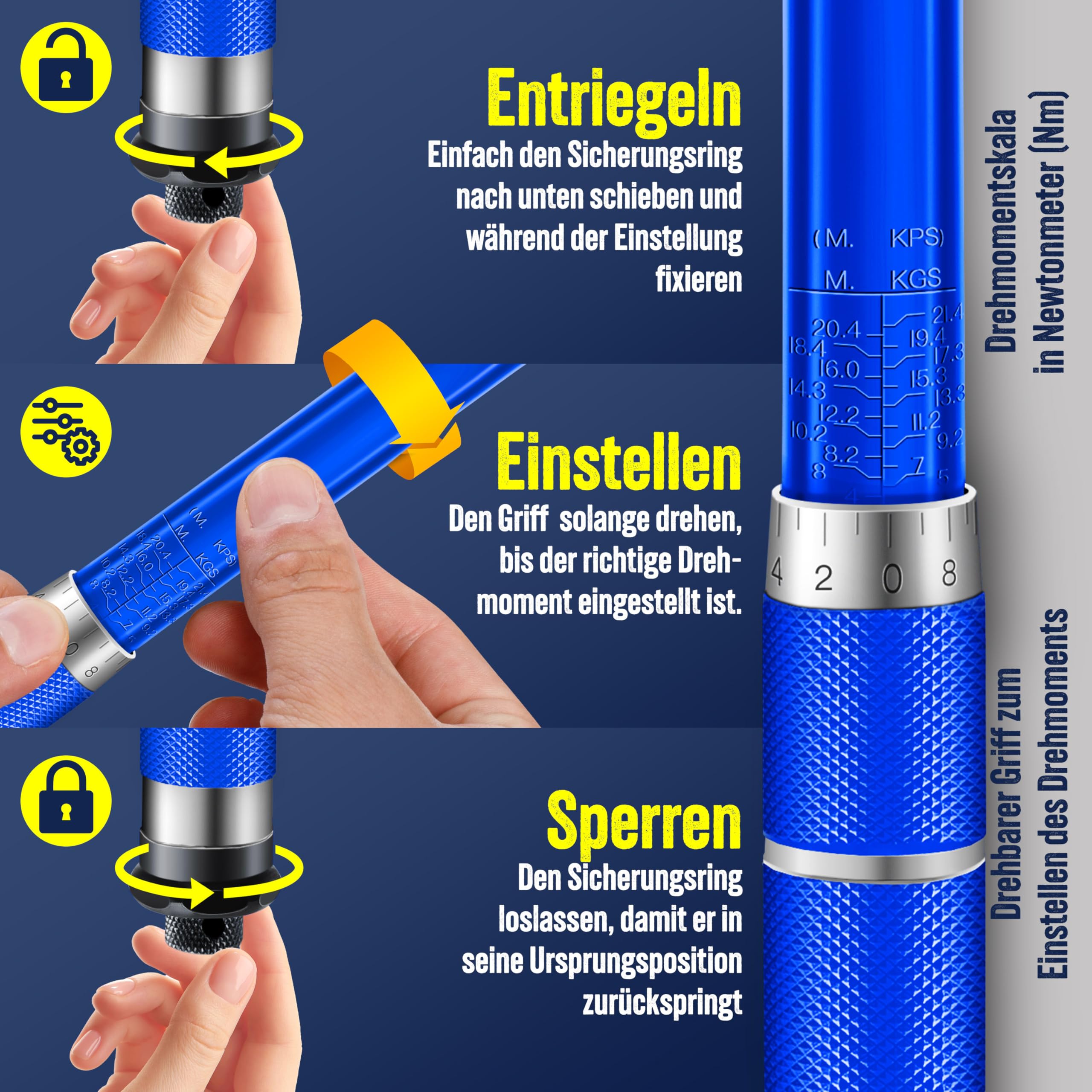 Masko clé dynamométrique 40-210 Nm 1/2" CV avec 3 douilles 17-21 mm et rallonge 125 mm coffret