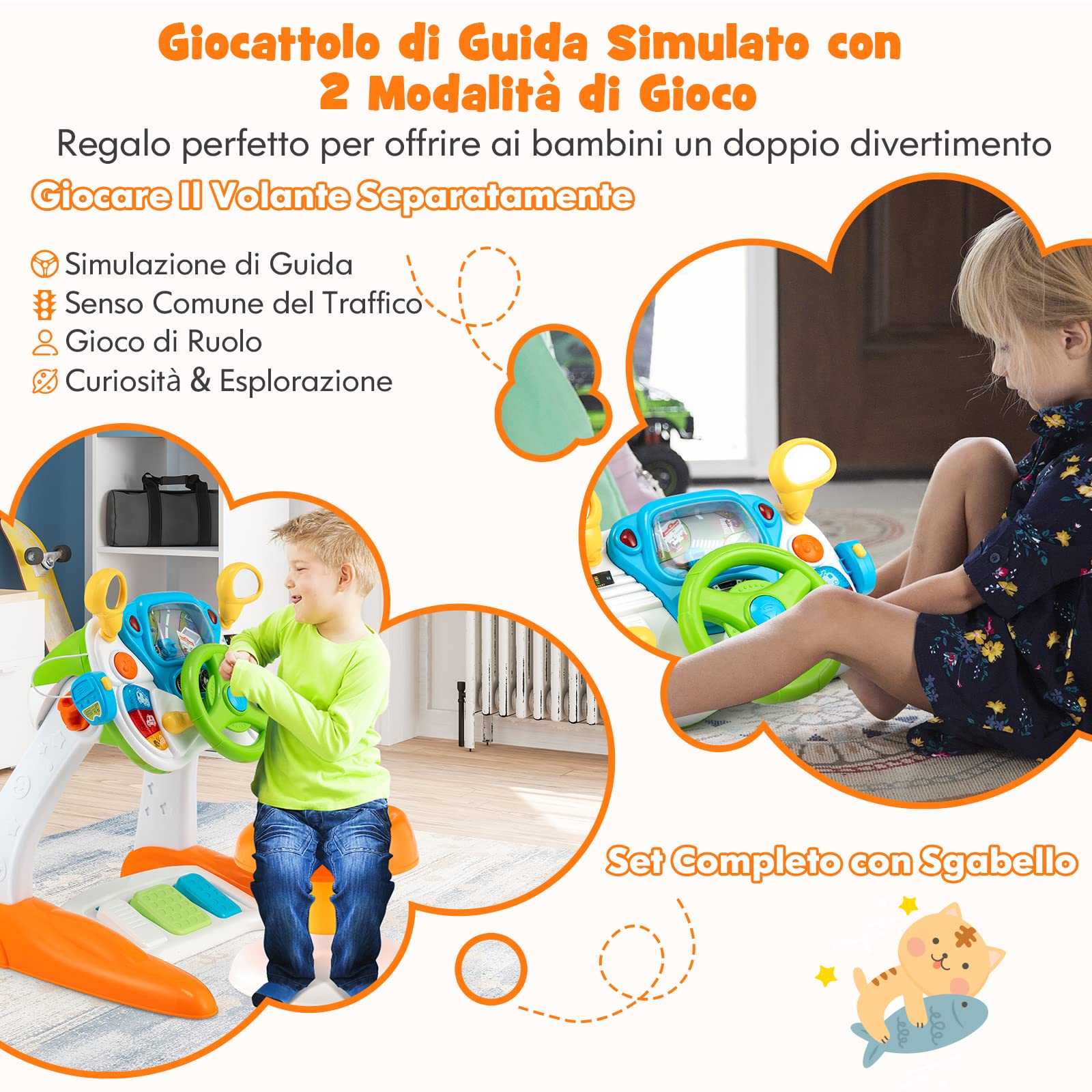 COSTWAY Volante per Bambini Educativa, Simulazione Volante di Guida Giocattolo con Sgabello, Luce Musica, Giocattoli Musicali per la Prima Educazione, Regalo per Bambini