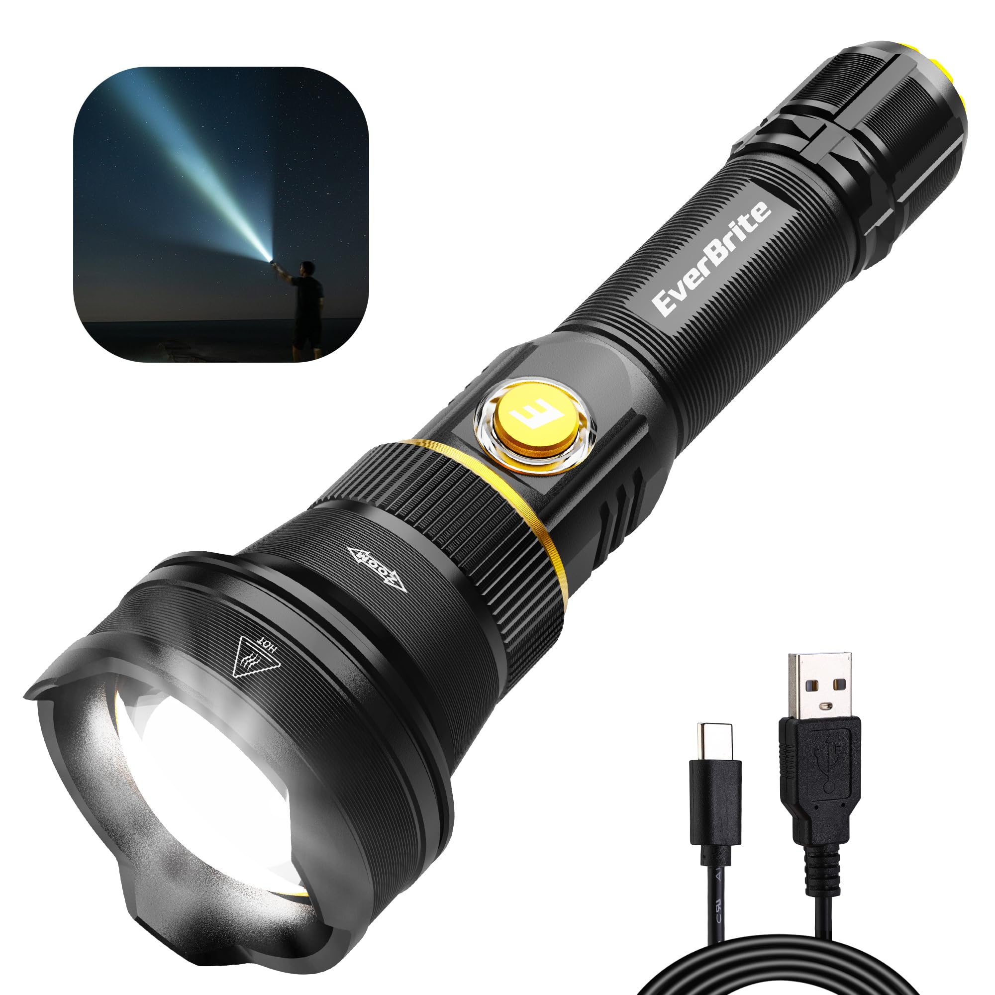 EverBrite Rechargeable Flashlight, 1000 Lumens Zoomable LED Tactical Flashlight with 4 Modes & Memory Function, Including Safety Hammer & USB C Cable for Camping, Hiking, Home, and Emergenci
