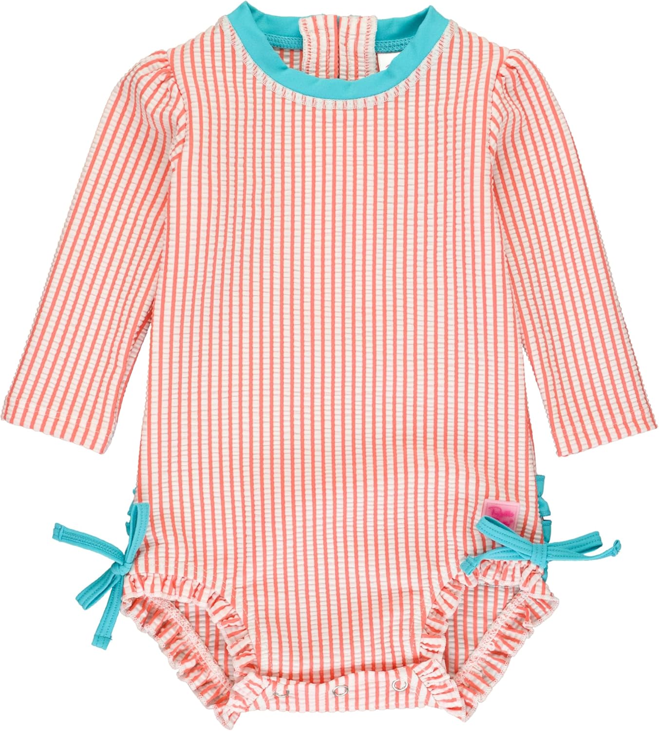RuffleButts Baby/Toddler Girls Seersucker Long Sleeve One Piece Rash Guard Swimsuit with UPF 50+ Sun Protection