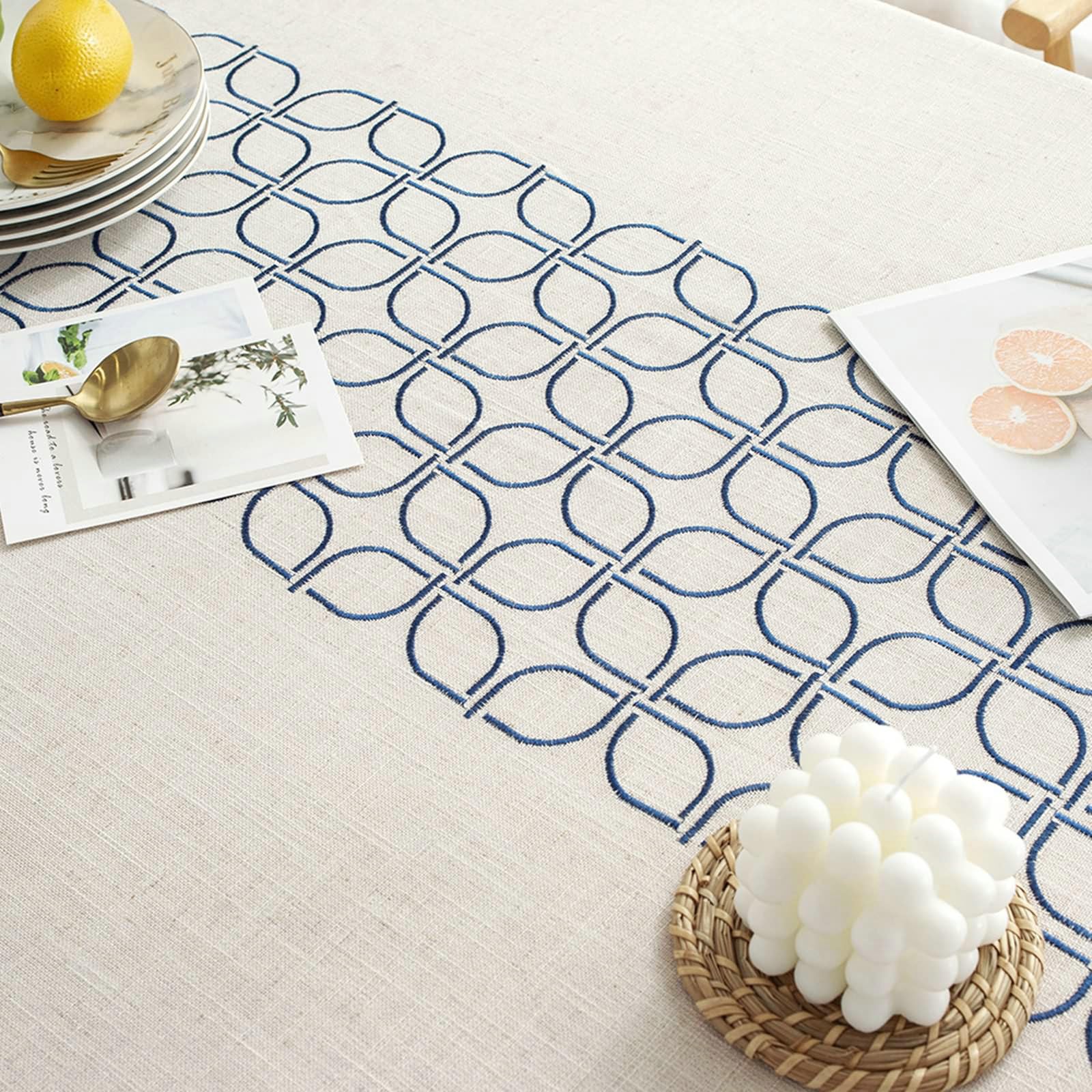 Gualiy Manteles Poliester de Mesa Comedor, Mantel de Mesa de Cocina 140x200CM Manteles Mesa Antimanchas Patrón Geométrico con Borlas Mantel para Mesa de Salon, Azul