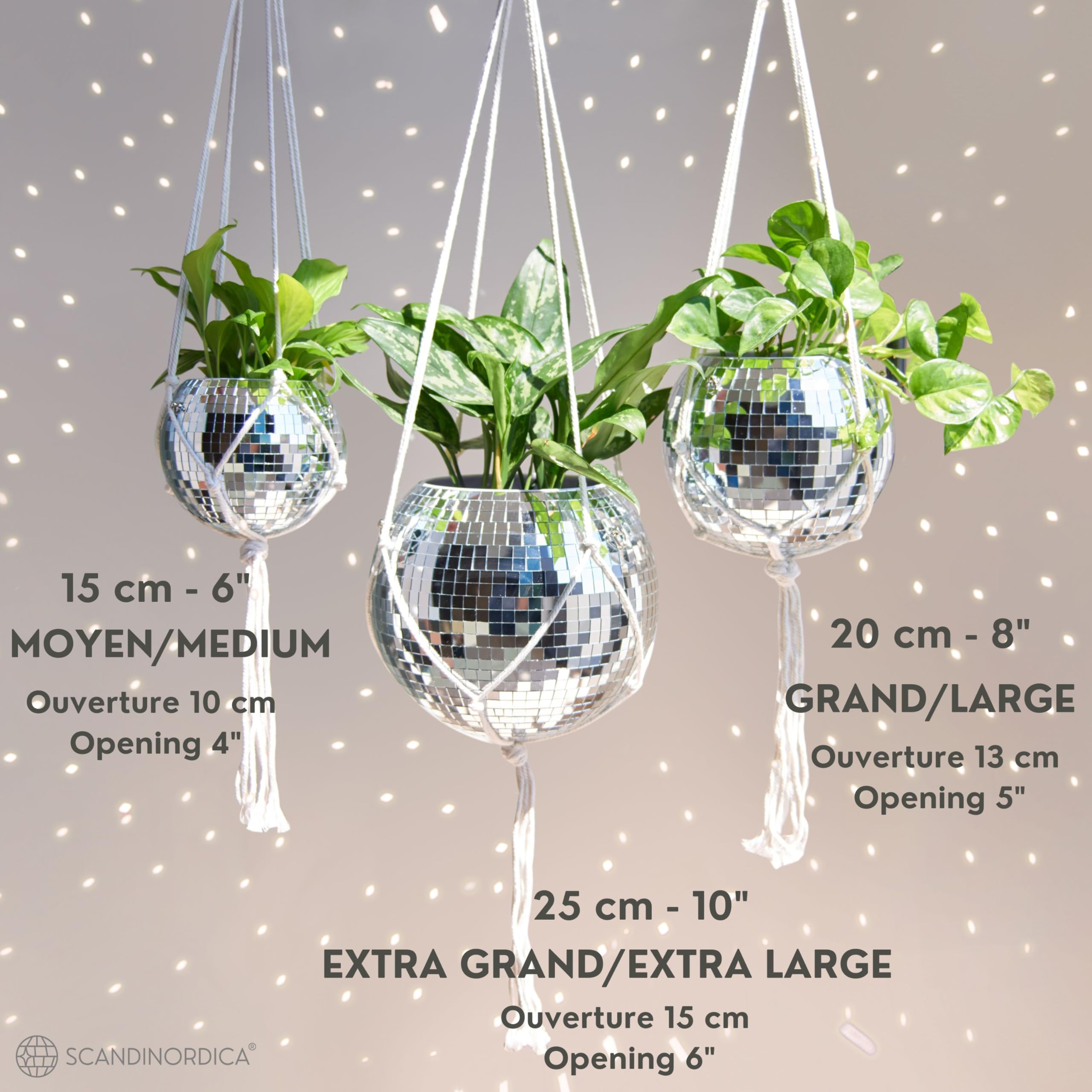 SCANDINORDICA Jardinière Boule Disco – Pot de Fleurs Boule à facettes avec chaîne et Corde en macramé, Boule a Facette, Cadeaux Femmes | Décoration d’intérieur – 15 cm Argent