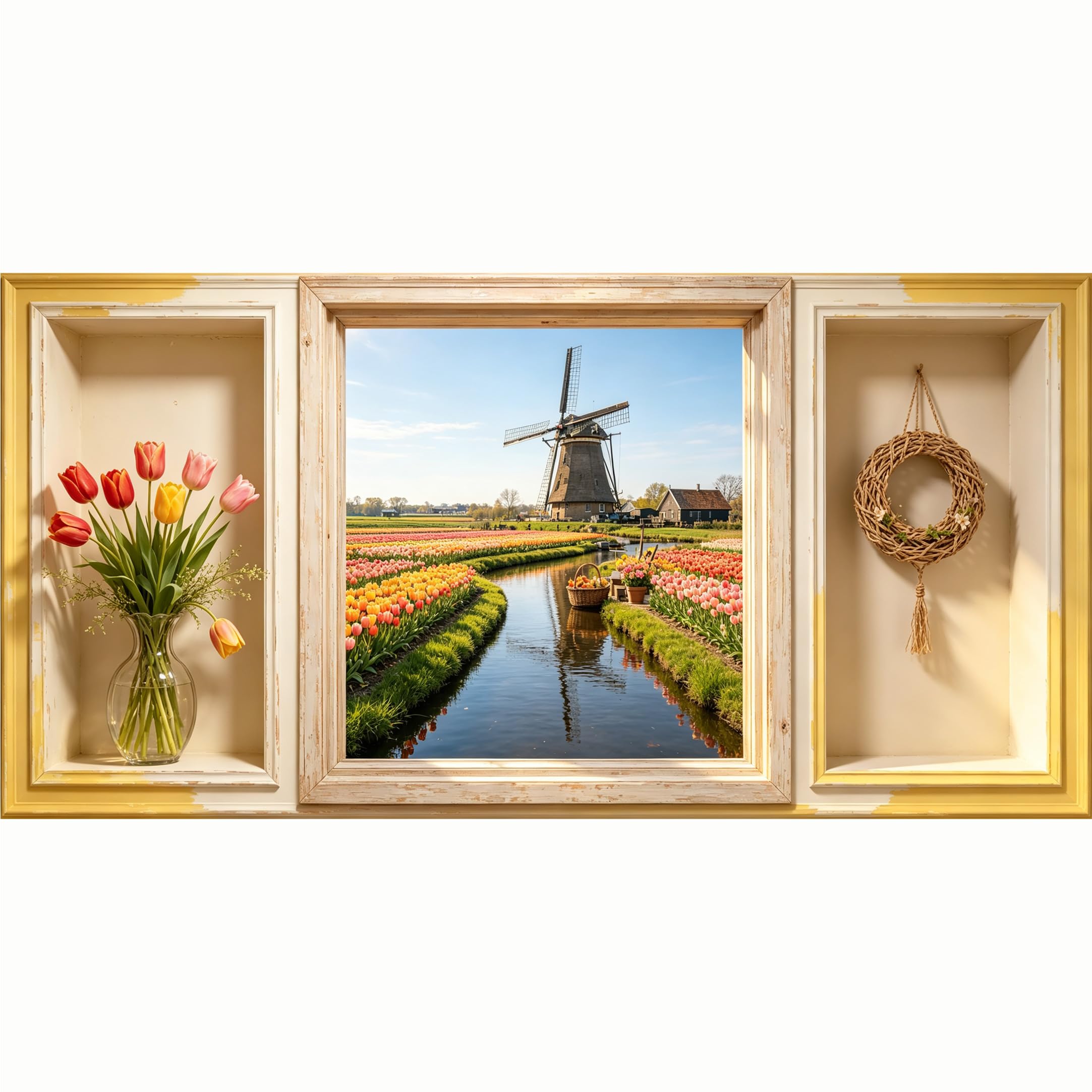 QZLITHOTIC 50x100cm 3D Framed Wall Art， Dutch Windmill Tulip Field Landscape Self‑Adhesive Mural， Water‑Activated Peel & Stick Fabric Decor Wall Decal for Bedroom Living Room