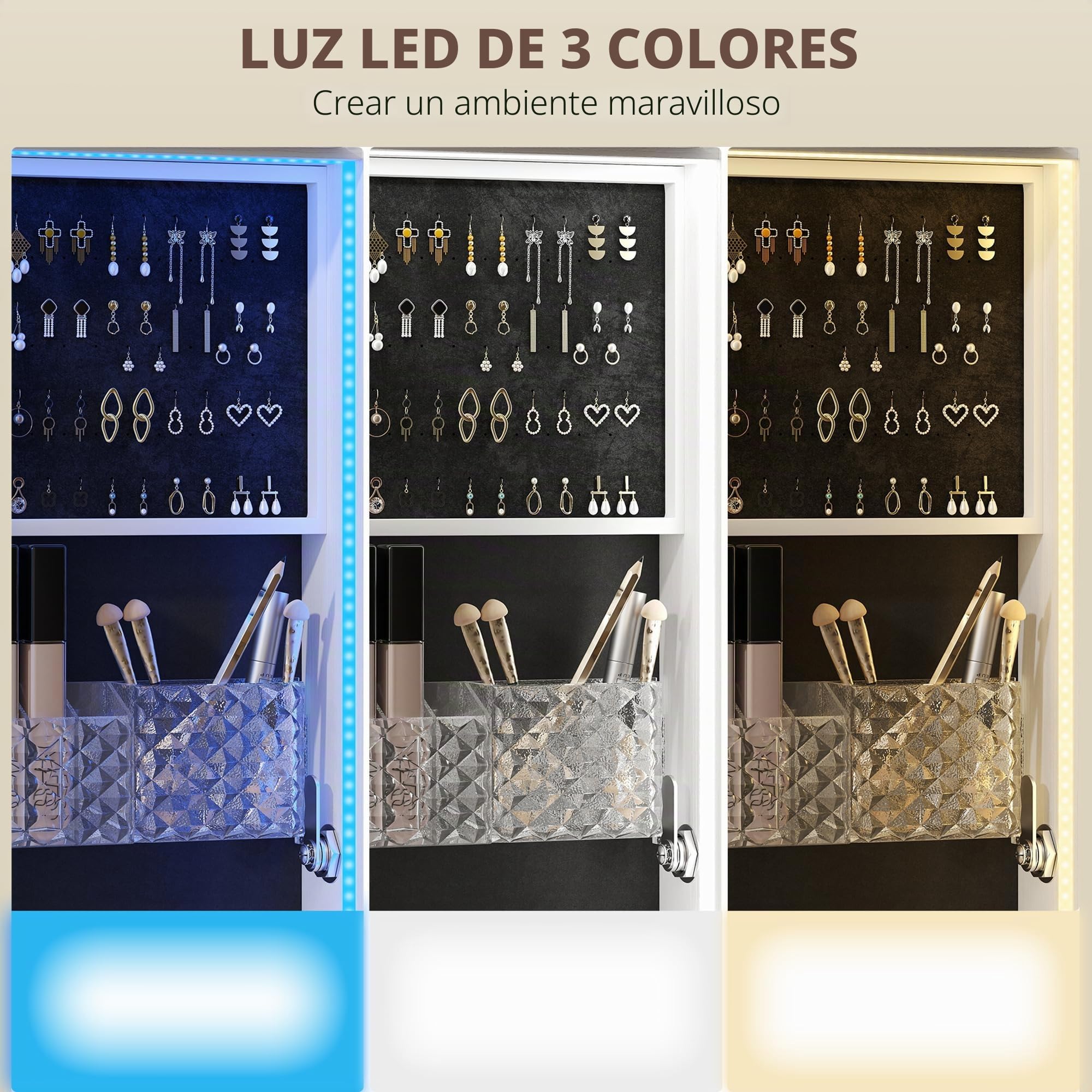 HOMCOM Armario de joyas con espejo, bloqueable 360°, marco blanco | Organizador de joyas giratorio con iluminación LED, para dormitorio/vestidor, forro negro