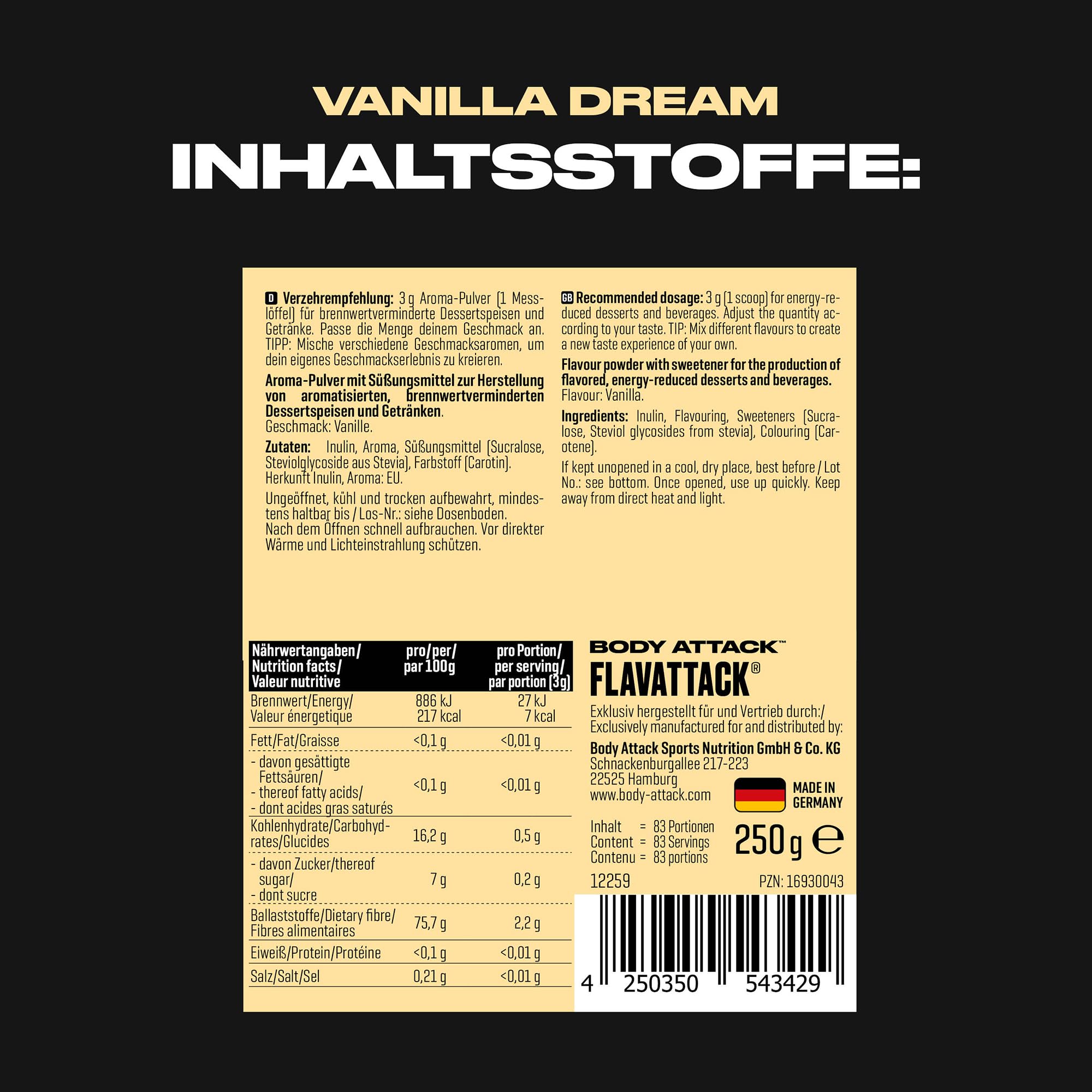 Body Attack FlavTASTIC® Vanilla Dream 250g / 83 raciones - sabor intensivo en polvo para caliente y frío y para hornear, vegano, sin aceite de palma ni aspartamo, Made in Germany