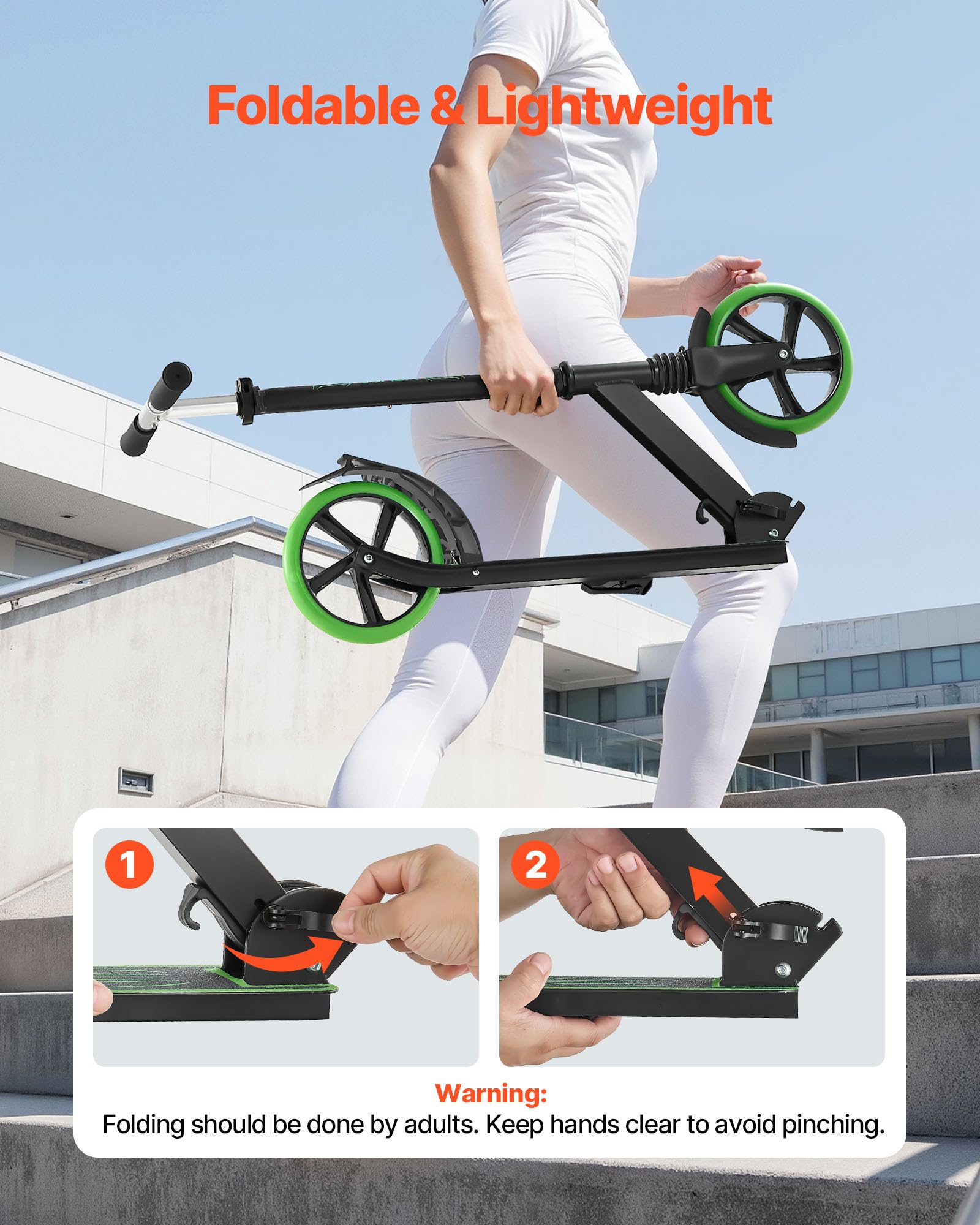 VEVOR Monopattini a Spinta, Monopattino con Freno a Pedale a 2 Ruote con Manubrio Regolabile Pedana Antiscivolo, Pieghevole e Leggero Fino a ca. 99,7 kg per Adolescenti e Adulti, Verde Nero
