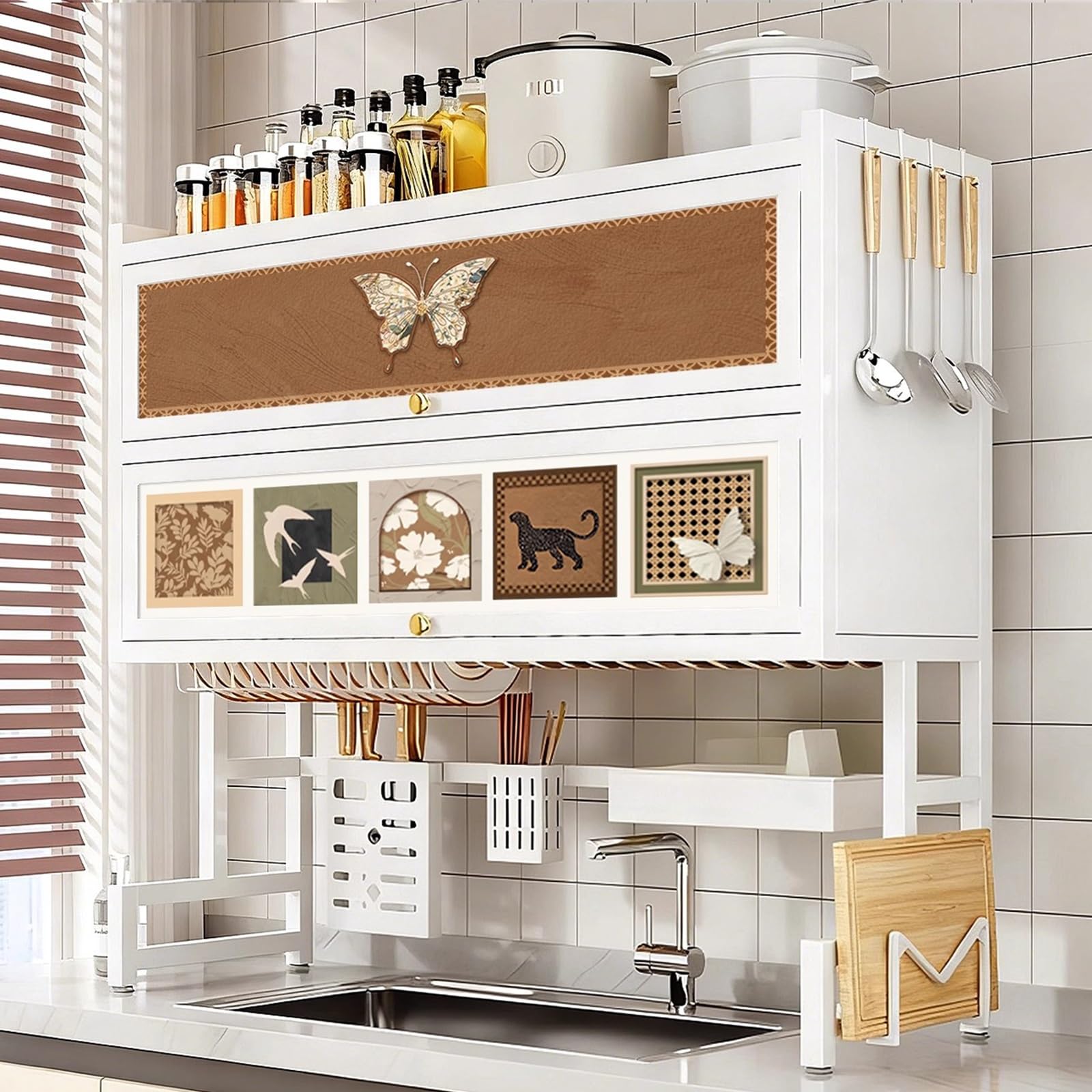 Over The Sink Dish Drying Rack, 3 Tier Metal Dish Drainer Rack with Cover, Kitchen Sink Organized Shlef for Dishes, Bowls, Cutlery, Space-Saving(White B,75cm/29.5in)