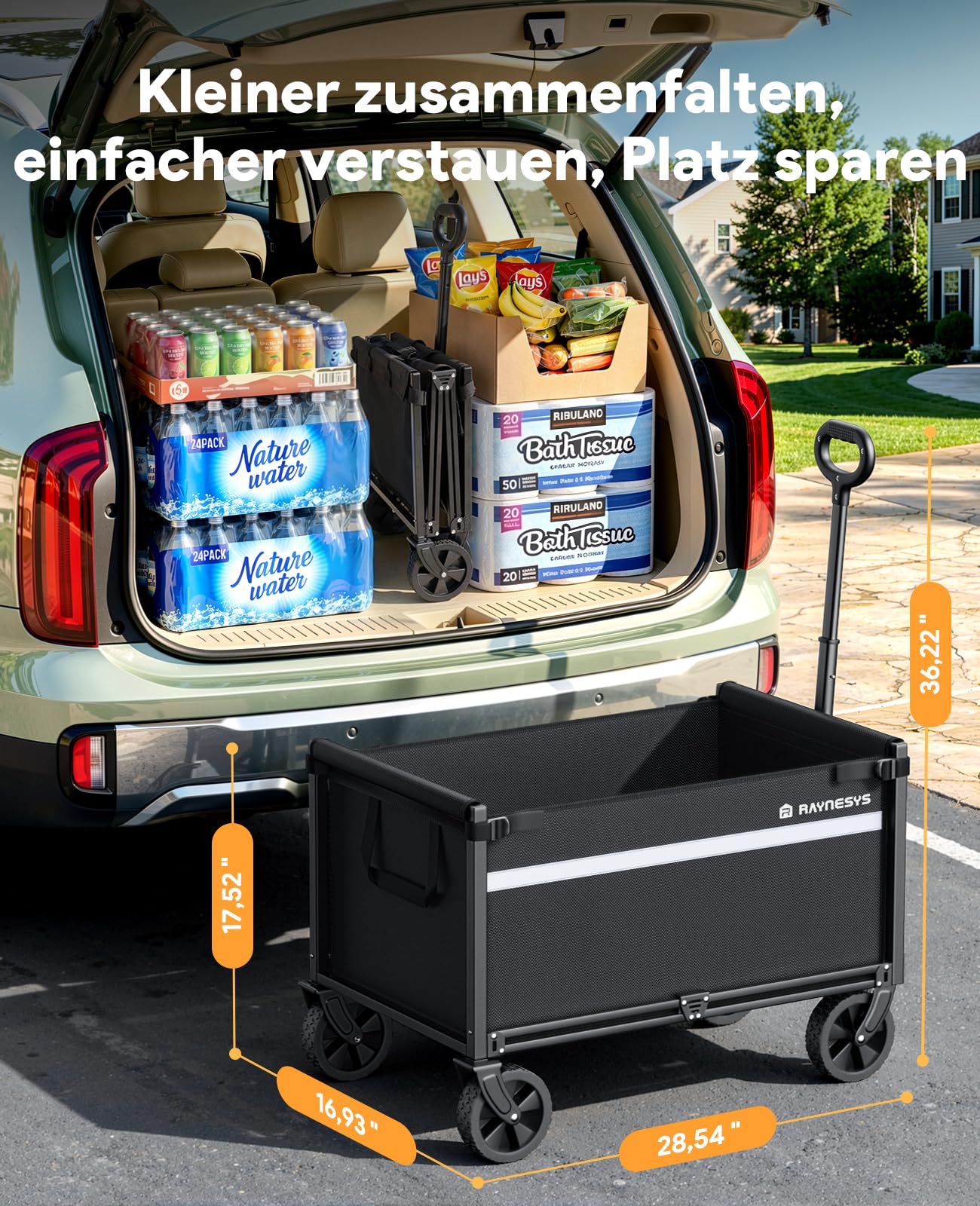 Bollerwagen Faltbar, 330LBS Klappbar Handwagen, Robust Einkaufstrolley Gartenwagen Klappbar mit Rädern, Tragbarer Transportwagen Faltwagen für Camping Sport Garten Einkaufen, Hellschwarz