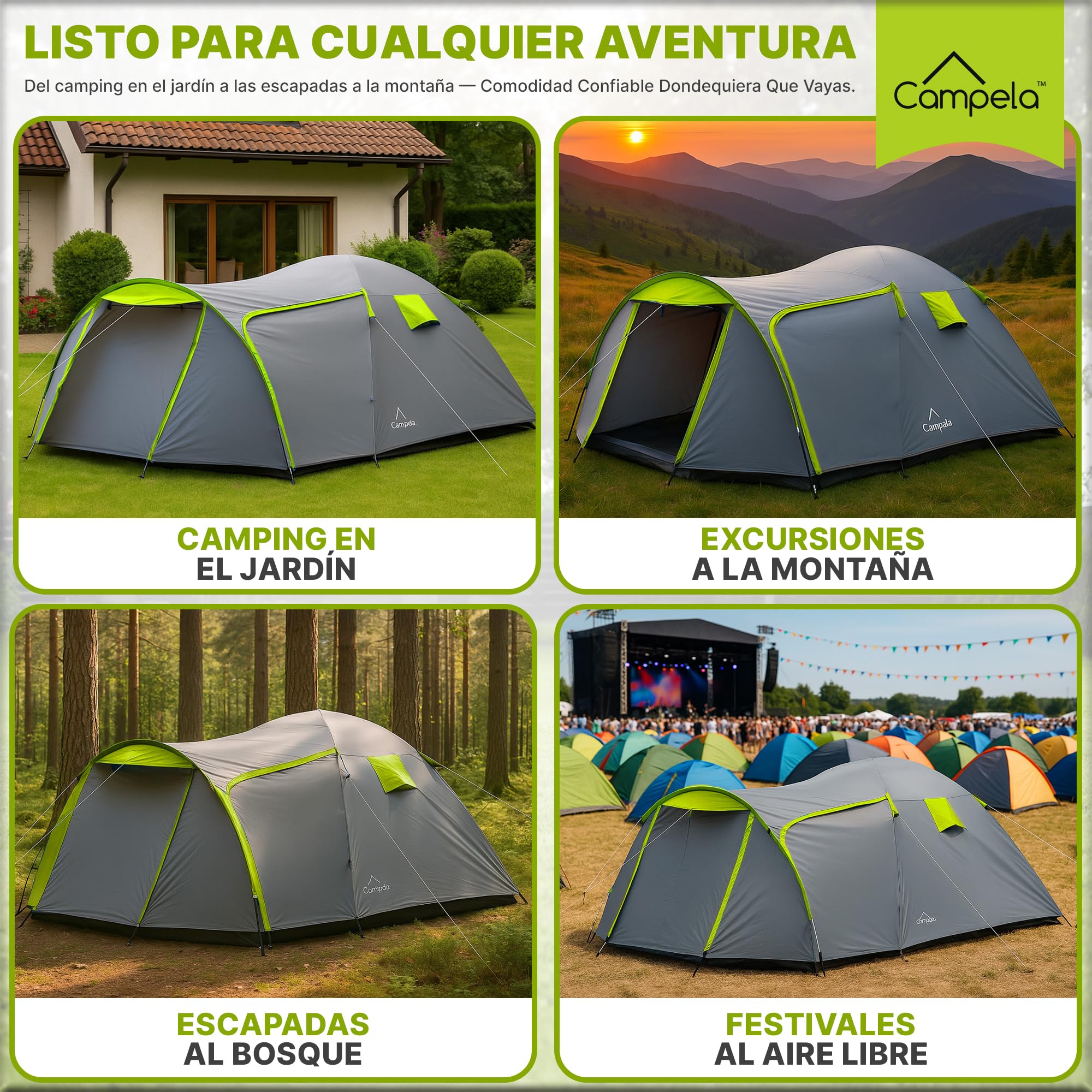 Tienda de Campaña, Tienda campaña Familiar - Tienda de campaña 4 Personas, Modelo Tropical-4", Impermeable 3000m, Costuras Selladas, CA0013