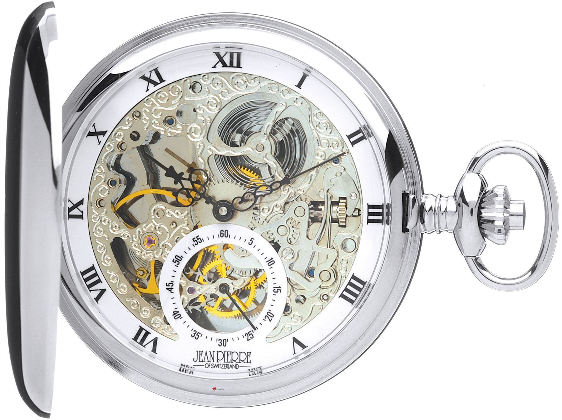 I LUV LTD Skeleton Full Double Hunter Pocket Watch 17 Jewelled Mechanical Chromed Case