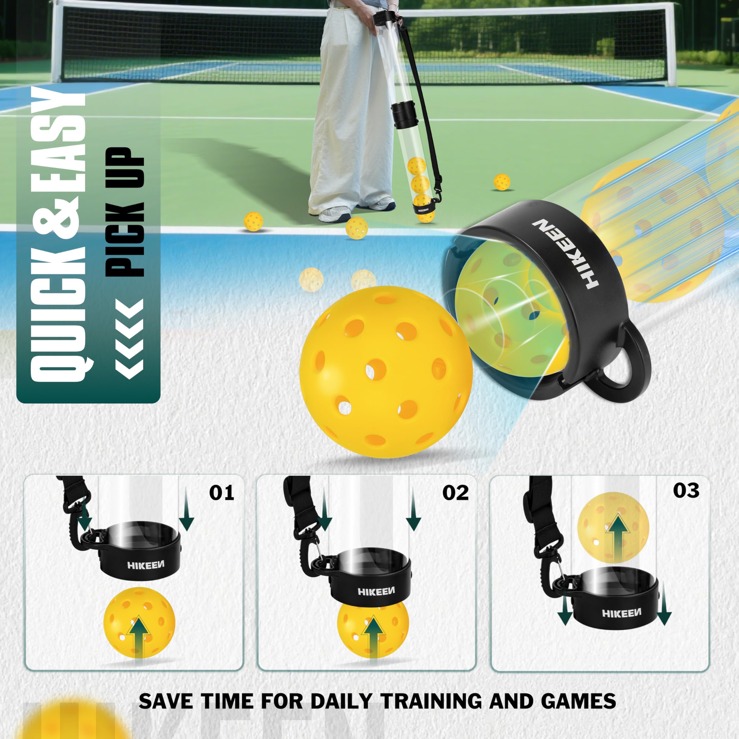 Hikeen Tubo Recuperador Pickleball con 5 Pickleballs, Pickleball Set Portátil con Correa Ajustable para Entrenamiento Pickleball, Accesorios Pickleball para Transportar y Almacenar