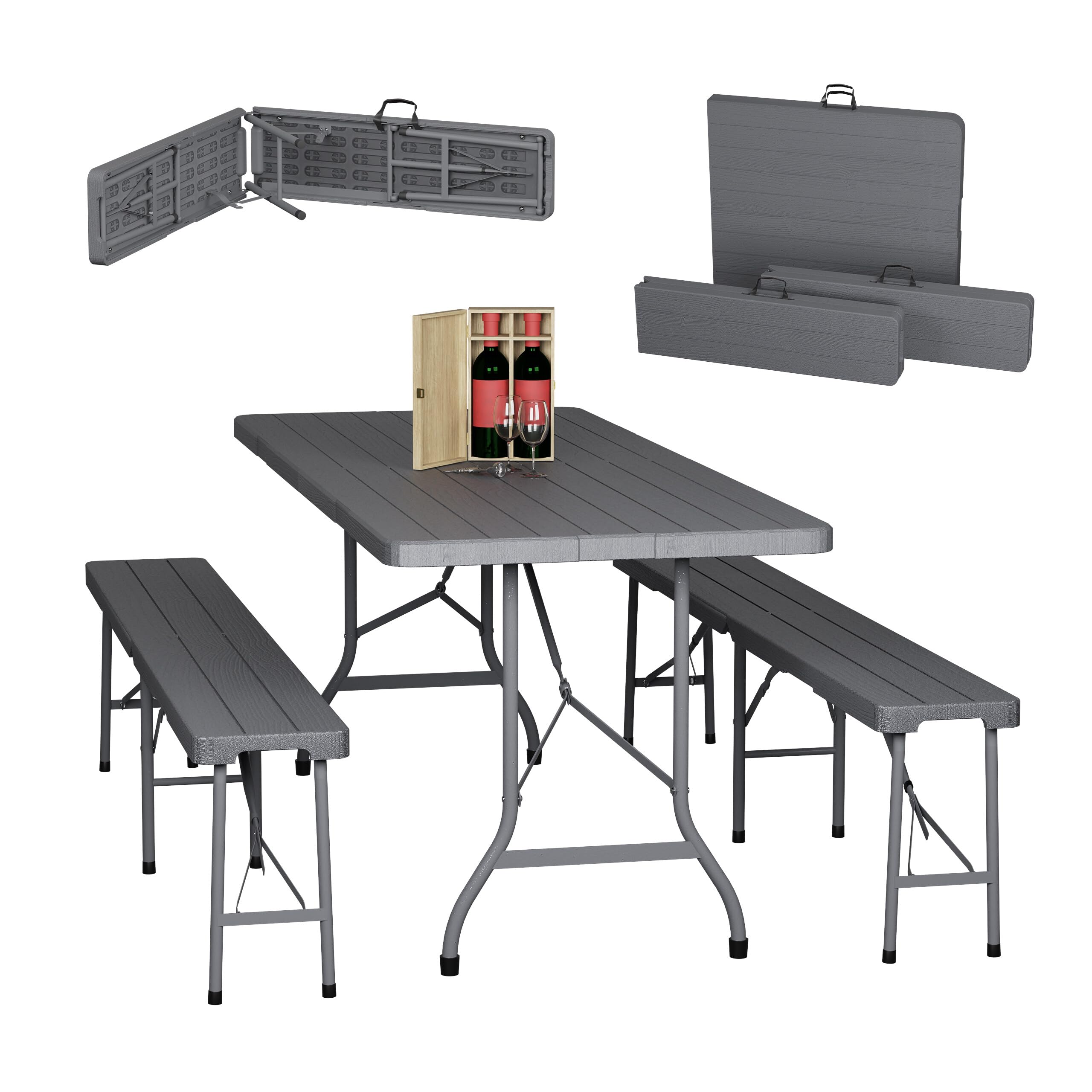 Relaxdays Bierzeltgarnitur klappbar, 3-TLG. Bierbank Set mit großem Tisch, Garten, Festzeltgarnitur, Holzoptik, Farbwahl