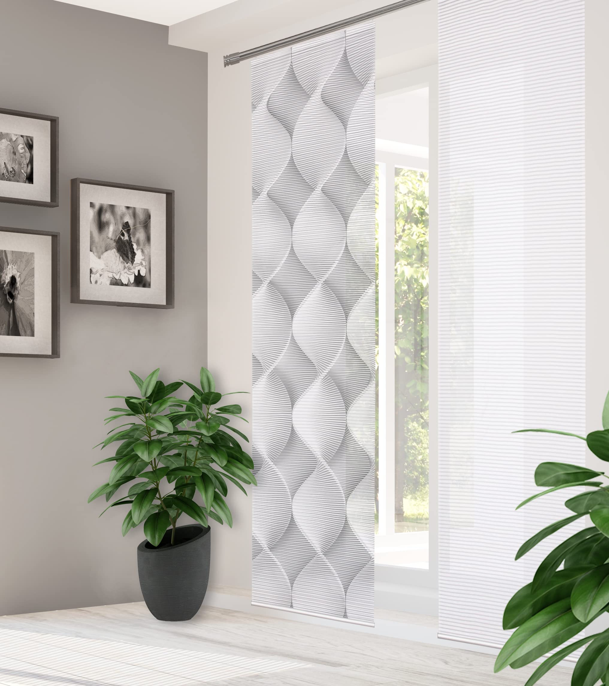 84113 LAMIRA Schiebegardine, recyceltem Polyester, 245x60 cm, Farbe:grau, Größe:245 x 60 cm, Anzahl:4er-Set (2X Motiv. 2X Uni)