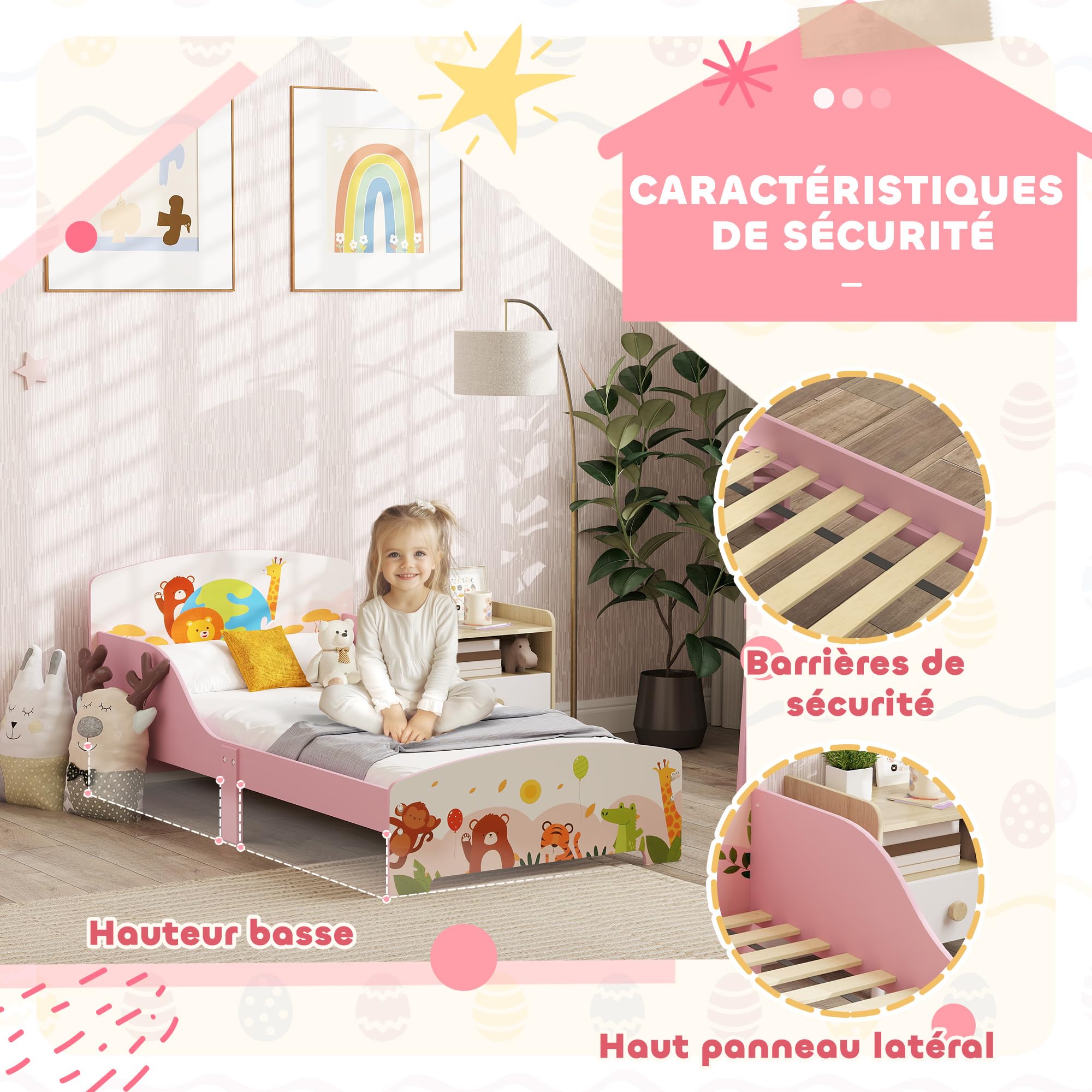 AIYAPLAY Lit Enfant 70x140 cm, Motif Animal, 140 x 70 cm avec Panneaux de Protection latéral Haut et sommier à Lattes en Bois, Design Bas sécurisé, Facile à Monter, Rose