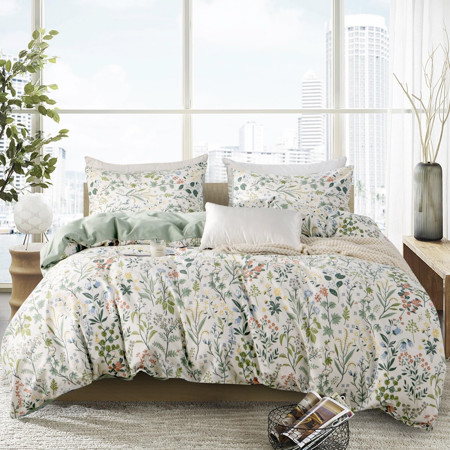 Parure de lit fille 100% coton vert motif fleurs chic avec housse de couette zippée 3 pièces
