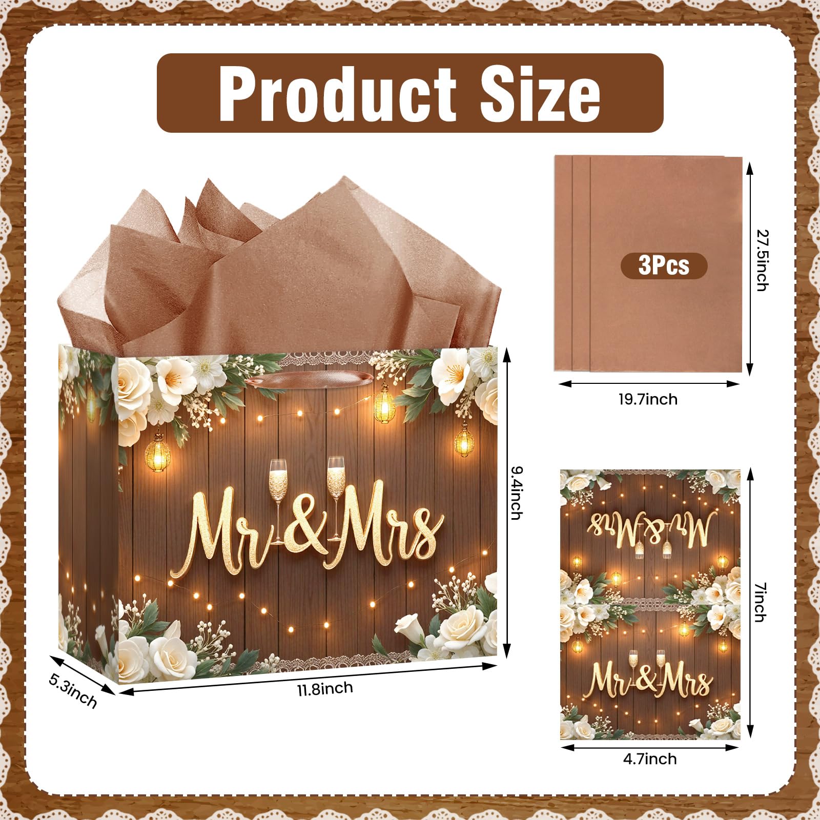 Wedding Gift Bags Mr and Mrs Engagement Gift Bags Elegant Bridal Shower Gifts Bag With Tissue Paper Greeting Card Wedding Wrapping Paper Party Favor Bag for Mr&Mrs Engagement Party Supplies Decor