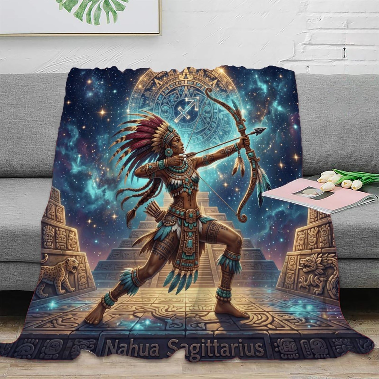 W7C8U2X3 Sagittarius Zodiac Aztec Flannel Throw Blanket, Bedroom Sofa Couch