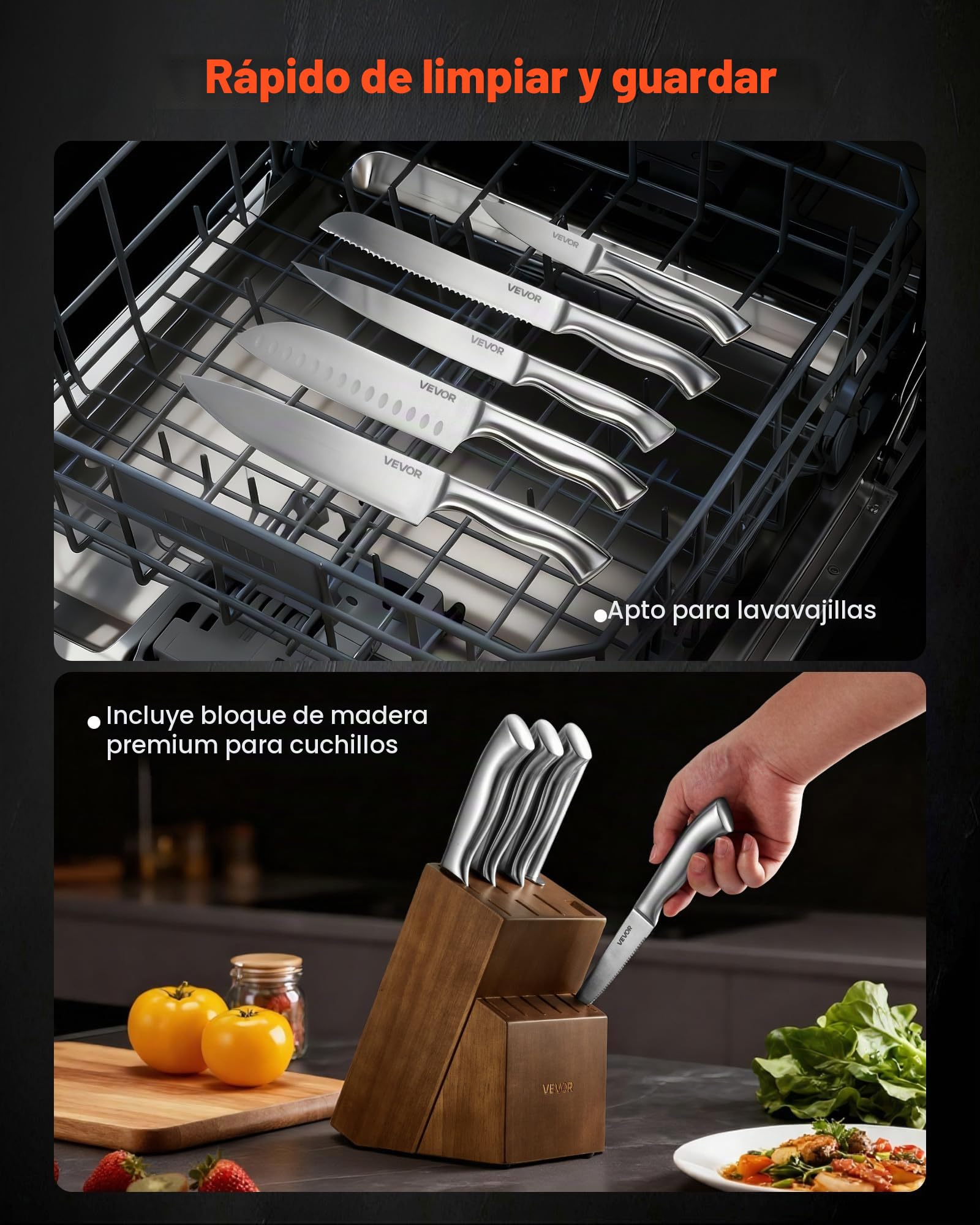 VEVOR Juego de Cuchillos de Cocina, con Bloque de Madera y Afilador, con Cuchillos Afilados de Acero Inoxidable de Alto Carbono, con Mango Ergonómico, 15 Piezas, 123 x 190 x 345 mm, Color Plata