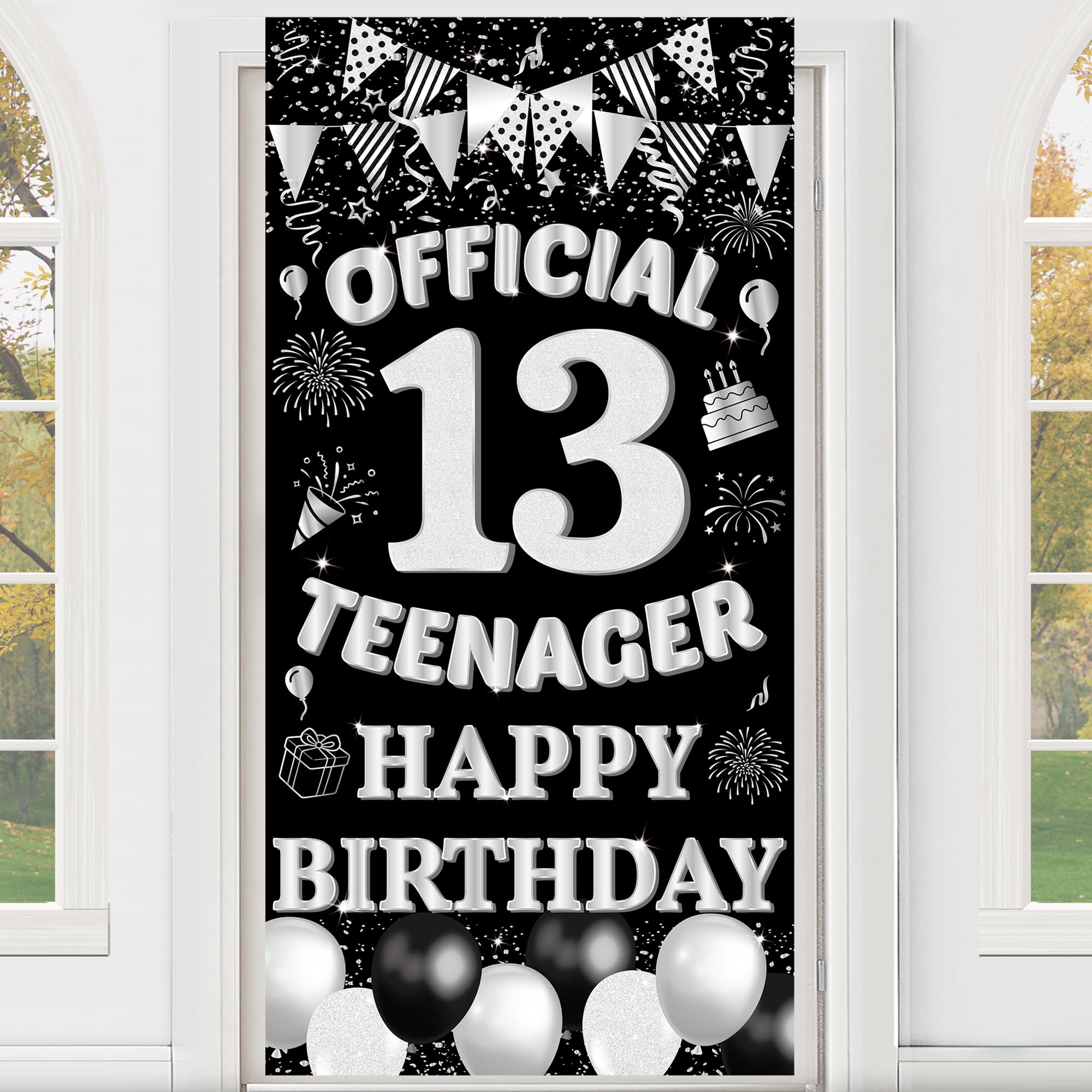 13th Birthday Decorations Banner Boys - Black Official Teenager Happy Bday Door Banners Backdrop Cloth Party Supplies Photo Backgrounds for Thirteen Year Old Outdoor Indoor Yard Decor 185 X 90 cm