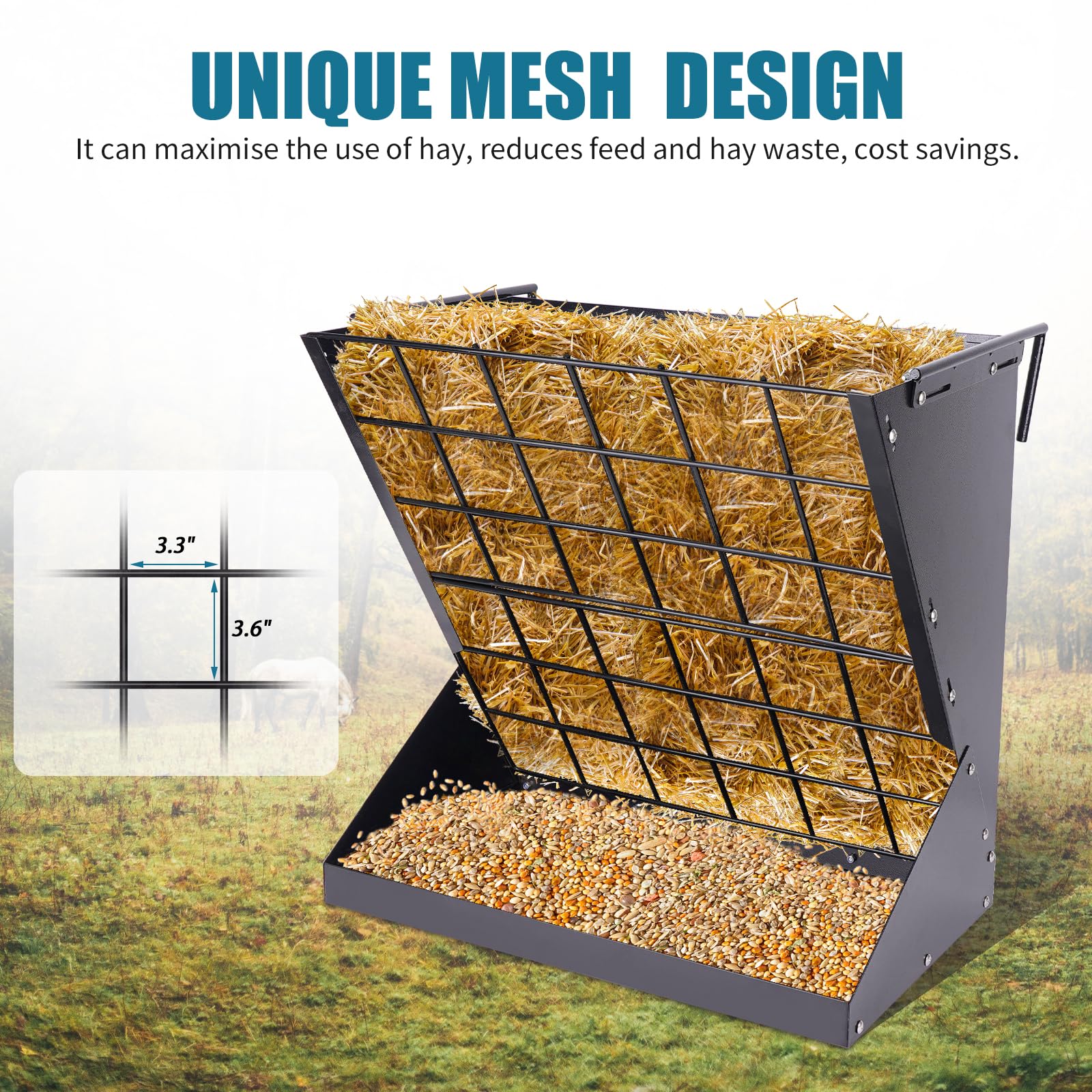 Große Heuraufe Aus Stahl - 56x33x60cm, Futterspar-Gitter, Für Ziegen, Schafe & Pferde, 2-in-1 Design