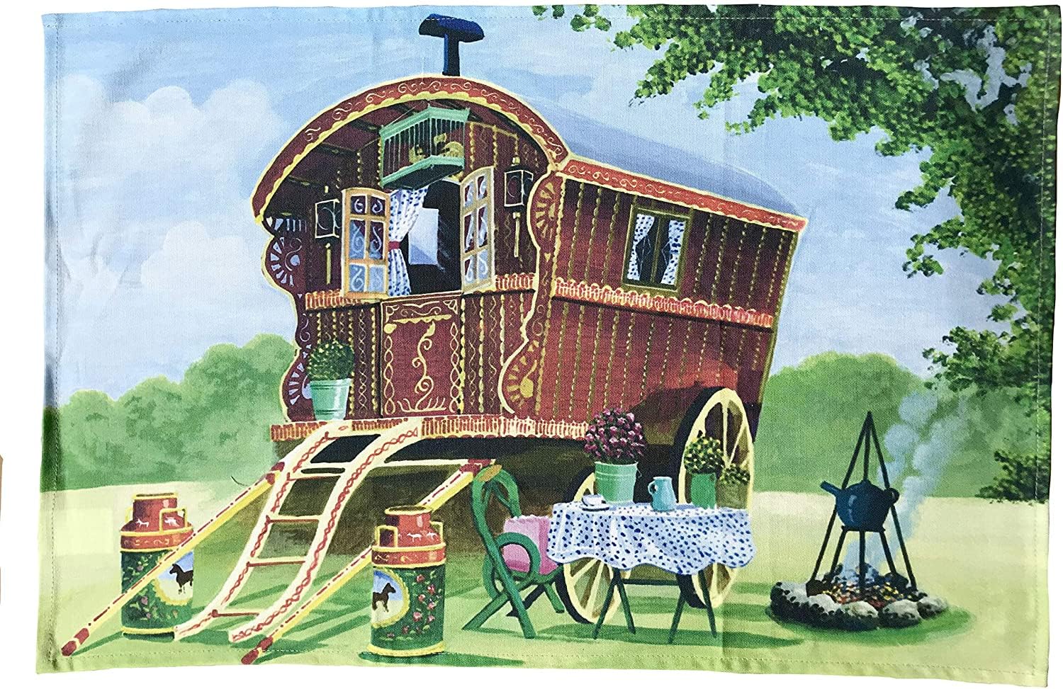 D&A Gifts Green Brown Romany Gypsy Caravan Tea Towel 100% Cotton - Bow Top Caravan - Gypsy Tea Towel-Gypsies N4-Tt