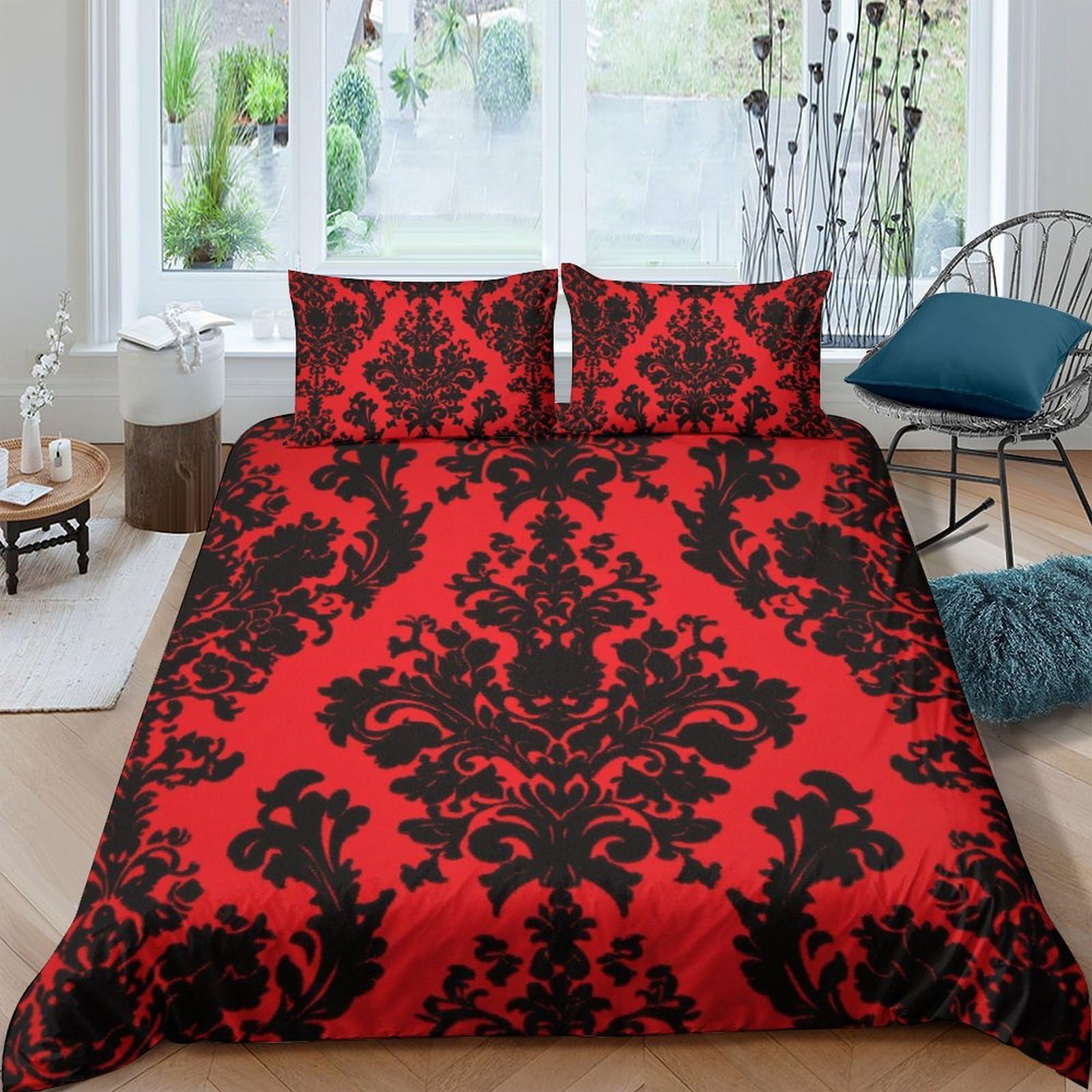 GPLZQXKJNH 3D Printed Baroque Damask Duvet Cover Microfiber Soft Breathable Gothic Floral Bedding Set with 2 Pillowcases for Bedroom Decor Single（135x200cm）