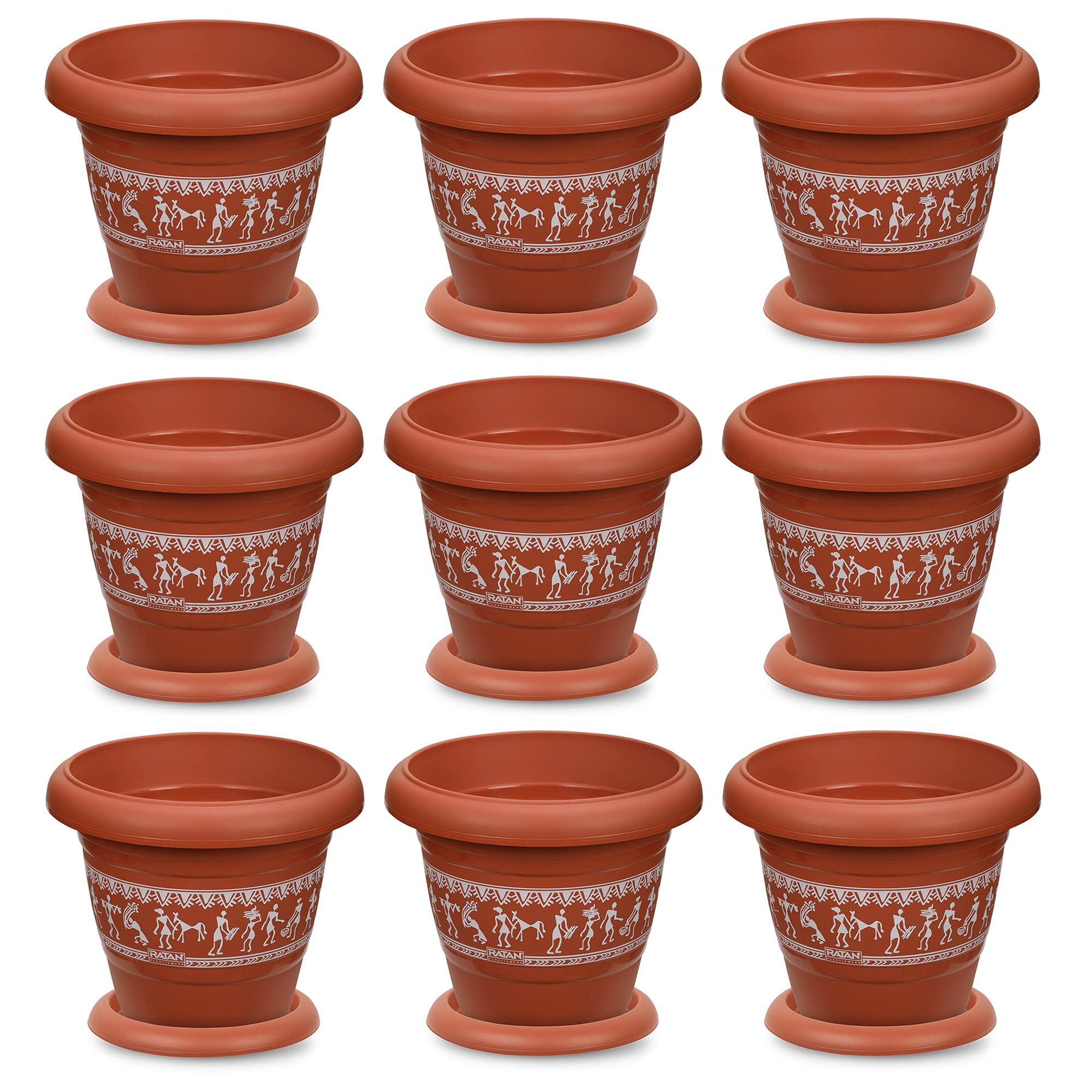 Ratan Plastic Planters Flower Pots Varli Print 10.8 Inches Terracotta Planter No 4 with Plates (Pack of - 9) (B093BP71CW) Amazon Price History, Amazon Price Tracker