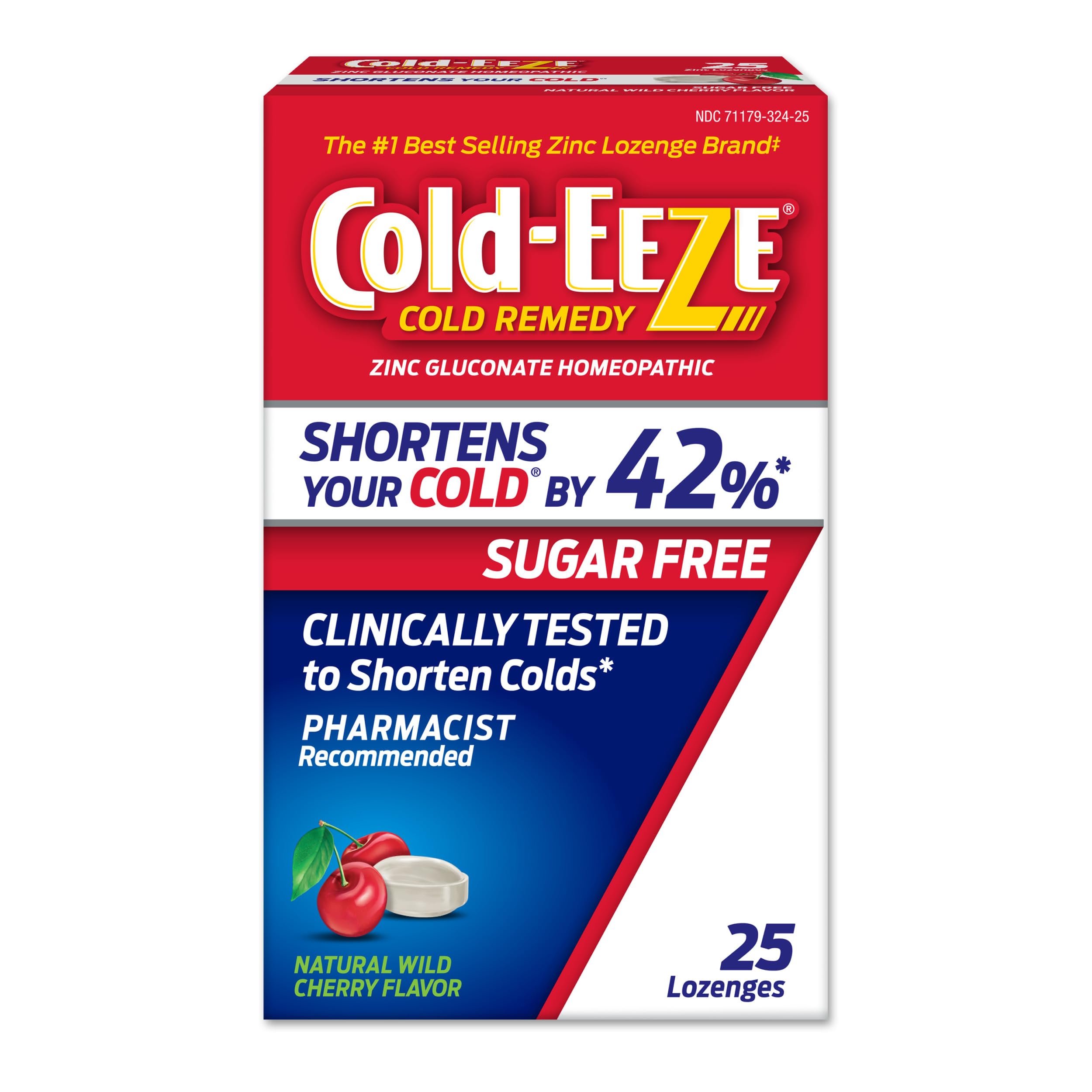 Cold-EEZE Sugar-Free, Natural Wild Cherry Zinc Lozenges, Homeopathic Cold Remedy, Shortens The Common Cold, Sore Throat, Cough, Congestion & Post Nasal Drip, 1 Zinc Lozenge Brand, 25 Ct