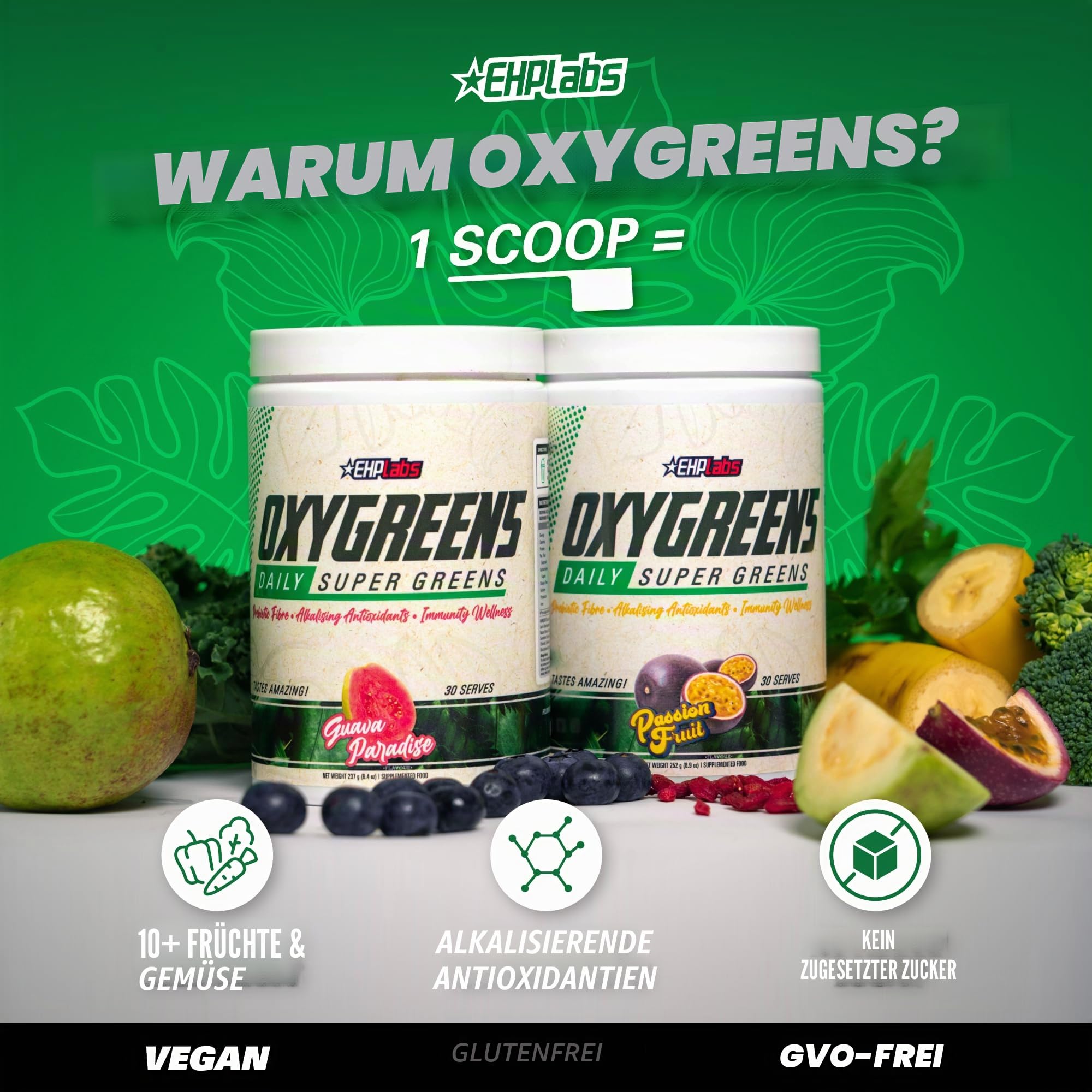 OxyGreens by EHPlabs - Daily Super Greens Pulver, Spirulina Kräuterergänzungsmittel mit präbiotischen Ballaststoffen, alkalizierende Antioxidantien & Immunität Wellness, 30 Portionen (Ananas)