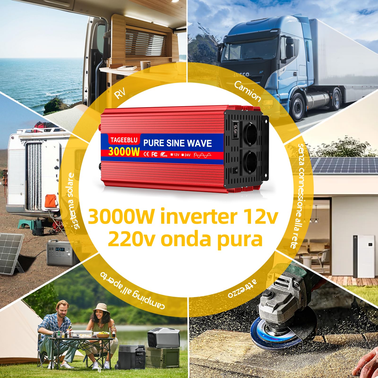3000w Inverter 12v 220v Onda Pura con Display LCD & EU Presa