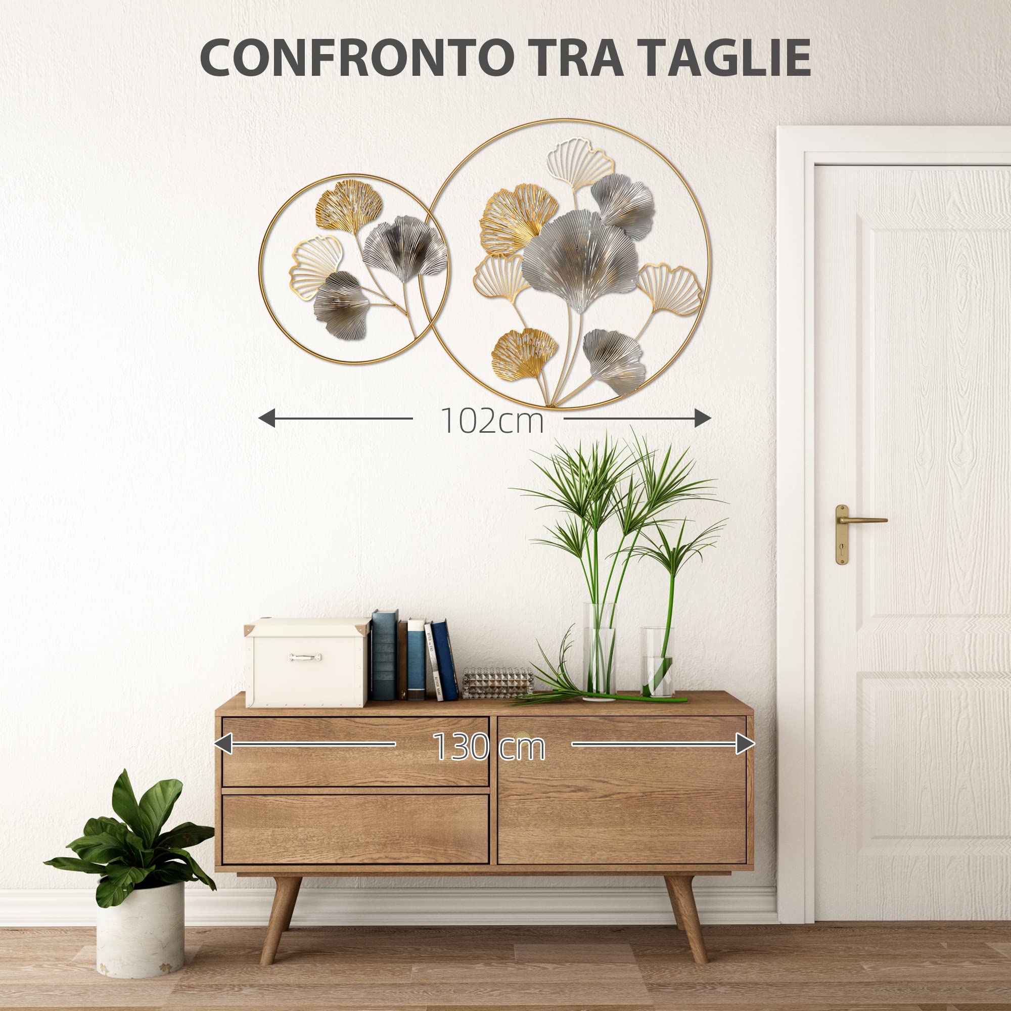 HOMCOM Decorazione Murale 3D in Metallo Dorata 102x66.2 cm Oro e Argento | Wall Art Orizzontale, Foglie di Ginkgo, Due Cornici Rotonde