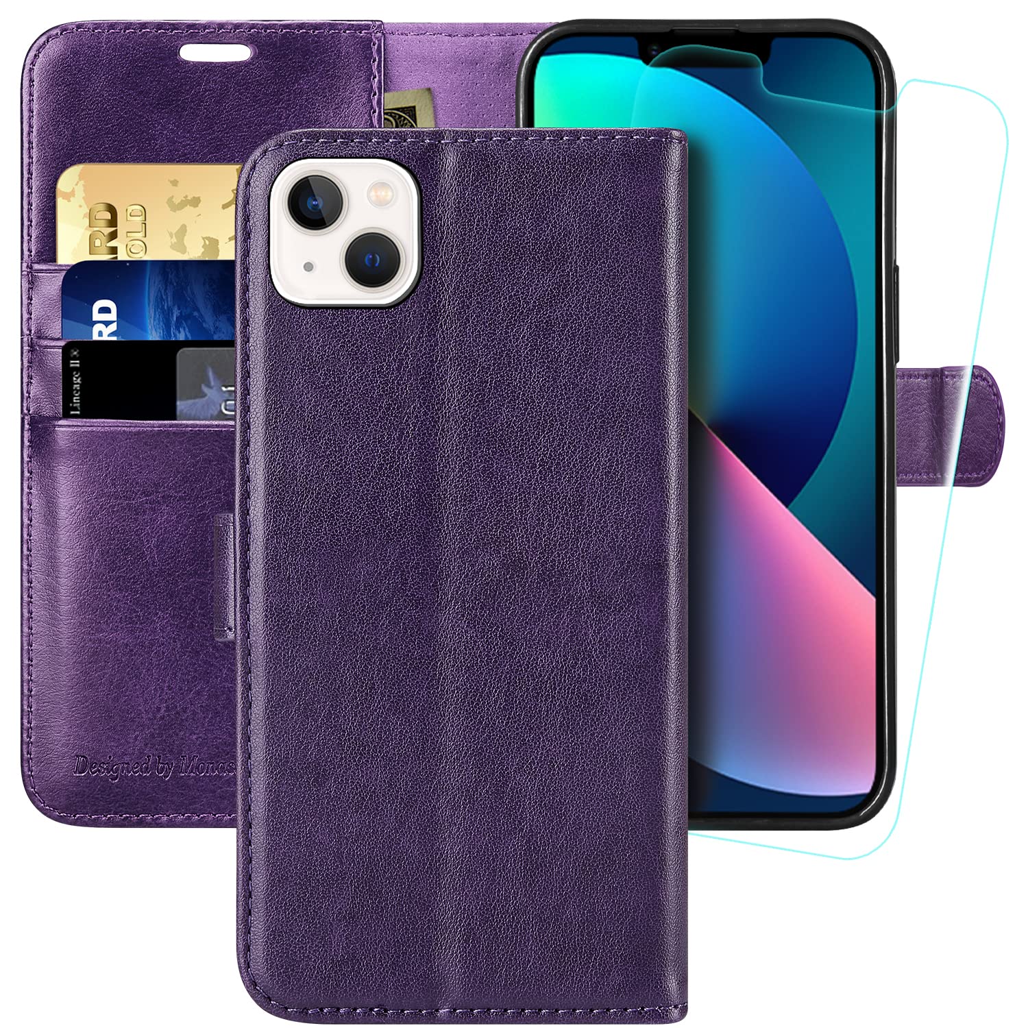 MONASAY Wallet Case for iPhone 14/13 5G,[Glass Screen Protector Included] [RFID Blocking] Flip Folio Leather Cell Phone Cover with Credit Card Holder，6.1-inch,Purple