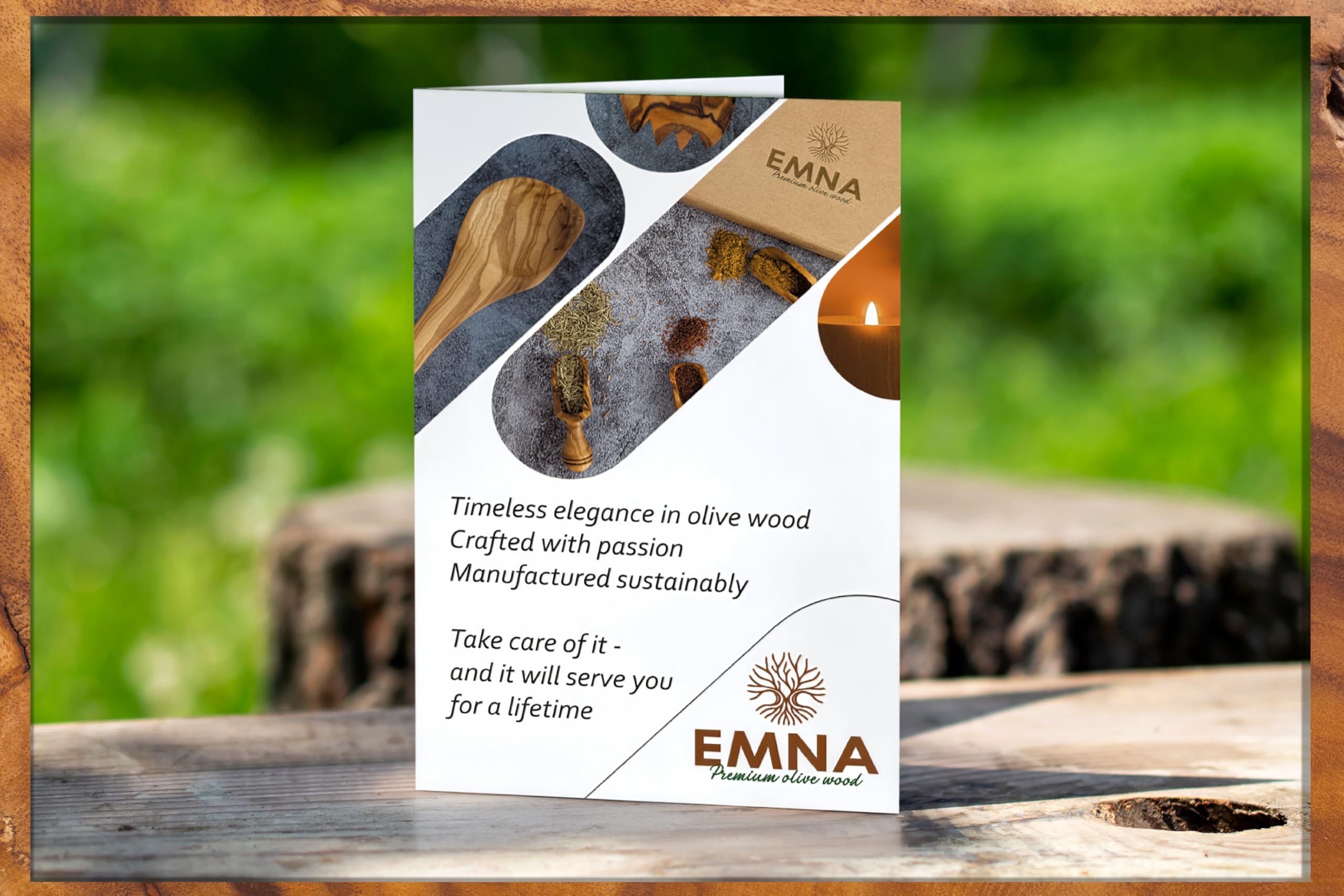 EMNA Juego de 9 utensilios de cocina de madera de olivo – Juego de cucharas de cocina con espátula, cubiertos para ensalada y soporte para utensilios | Caja de regalo "Unique Gift for Special Person
