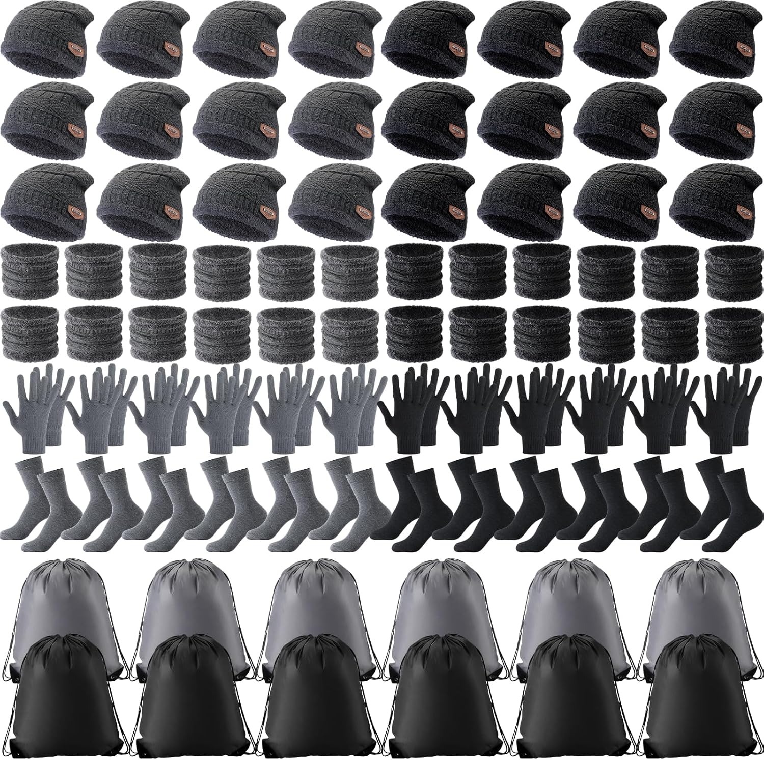 Liitrsh 120 Pcs Winter Hats Gloves Sets Bulk for Homeless Winter Beanies Gloves Neck Warmer Socks Fleece Lined Knit Skull Cap Scarf Drawstring Bags for Unisex Homeless Women Men Cold Weather