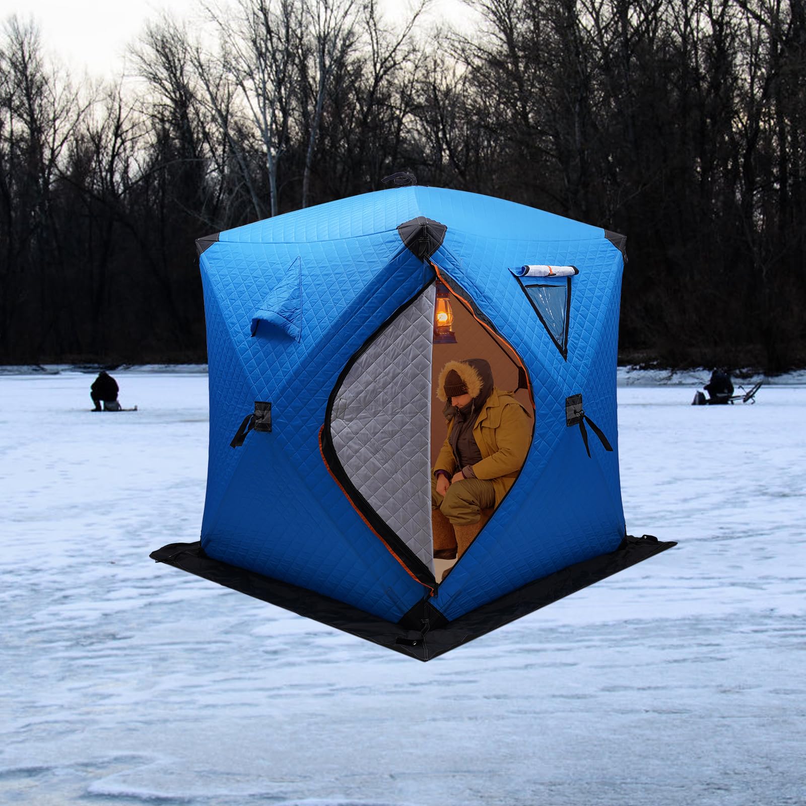 Tienda de campaña portátil para pesca en hielo Refugio para pescadores Cabaña térmica con ventana de ventilación extraíble Puerta Cremallera Azul