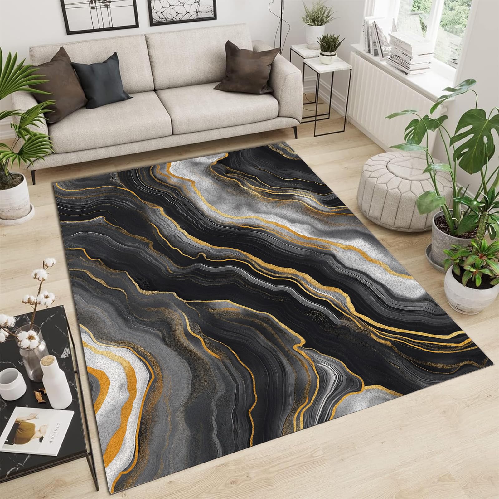 Tapis salon 90x150cm motif abstrait en marbre doux et finitions dorées chic