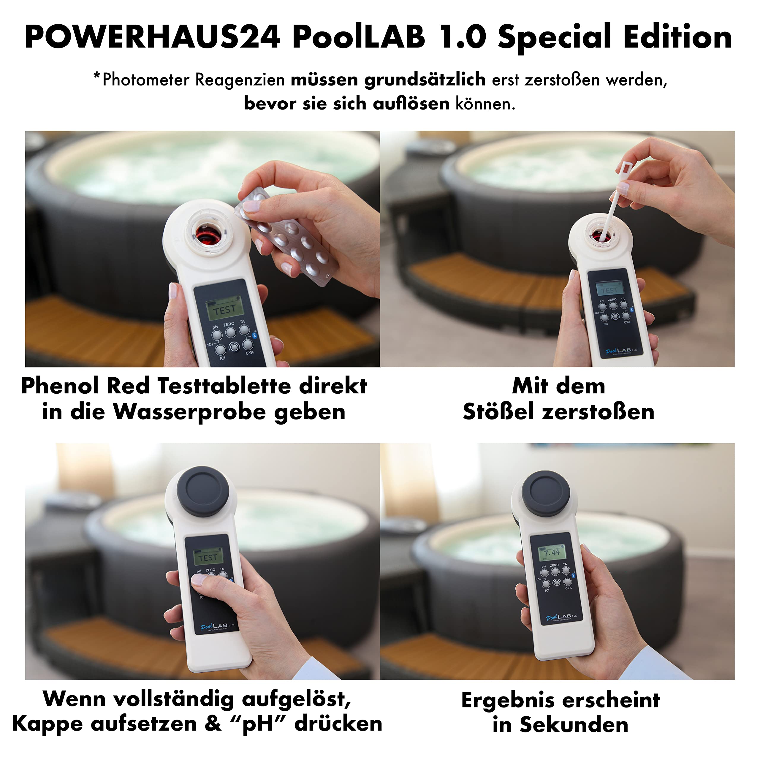 POWERHAUS24 Special Edition: 13 in 1 PoolLAB® 1.0 elektronischer Wassertester mit 70 Testtabletten inkl. Ersatzküvette