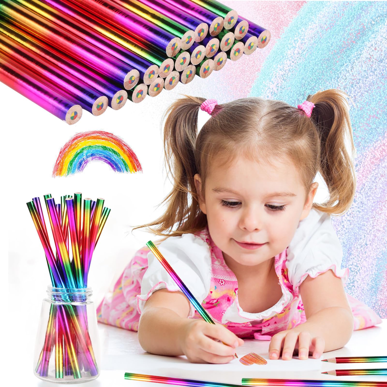 MiaLover Set di 12 matite colorate 4 in 1 arcobaleno, matite colorate, matite colorate in legno, per adulti o bambini, disegni, colorazioni e schizzi