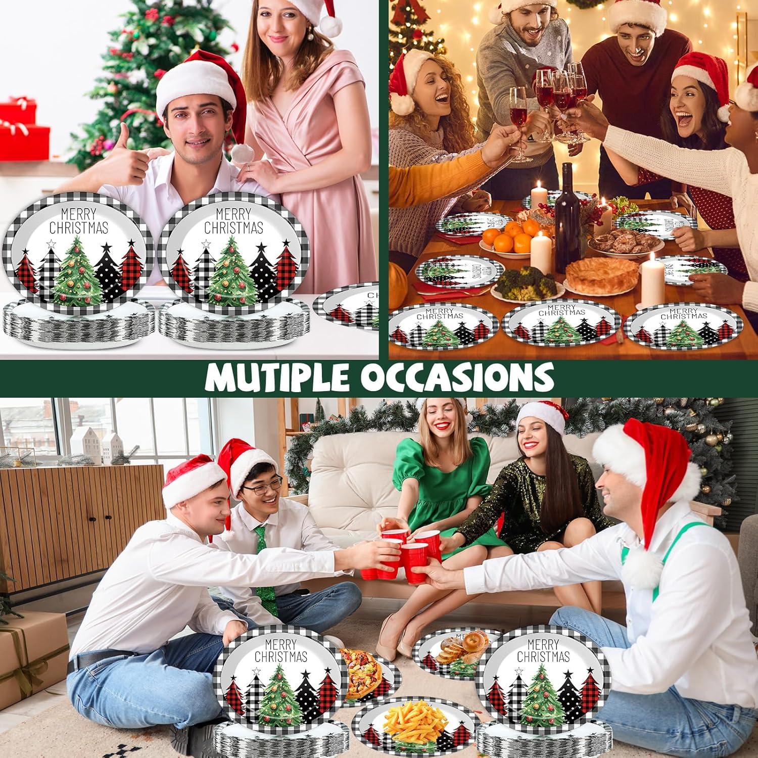 50Pcs Christmas Oval Paper Plates Large Disposable 11'' Dinner Plates Heavy Duty Buffalo Plaid Christmas Tree Black White Party Decoration Xmas Serving Tray for Holiday Party Supplies Tableware Set