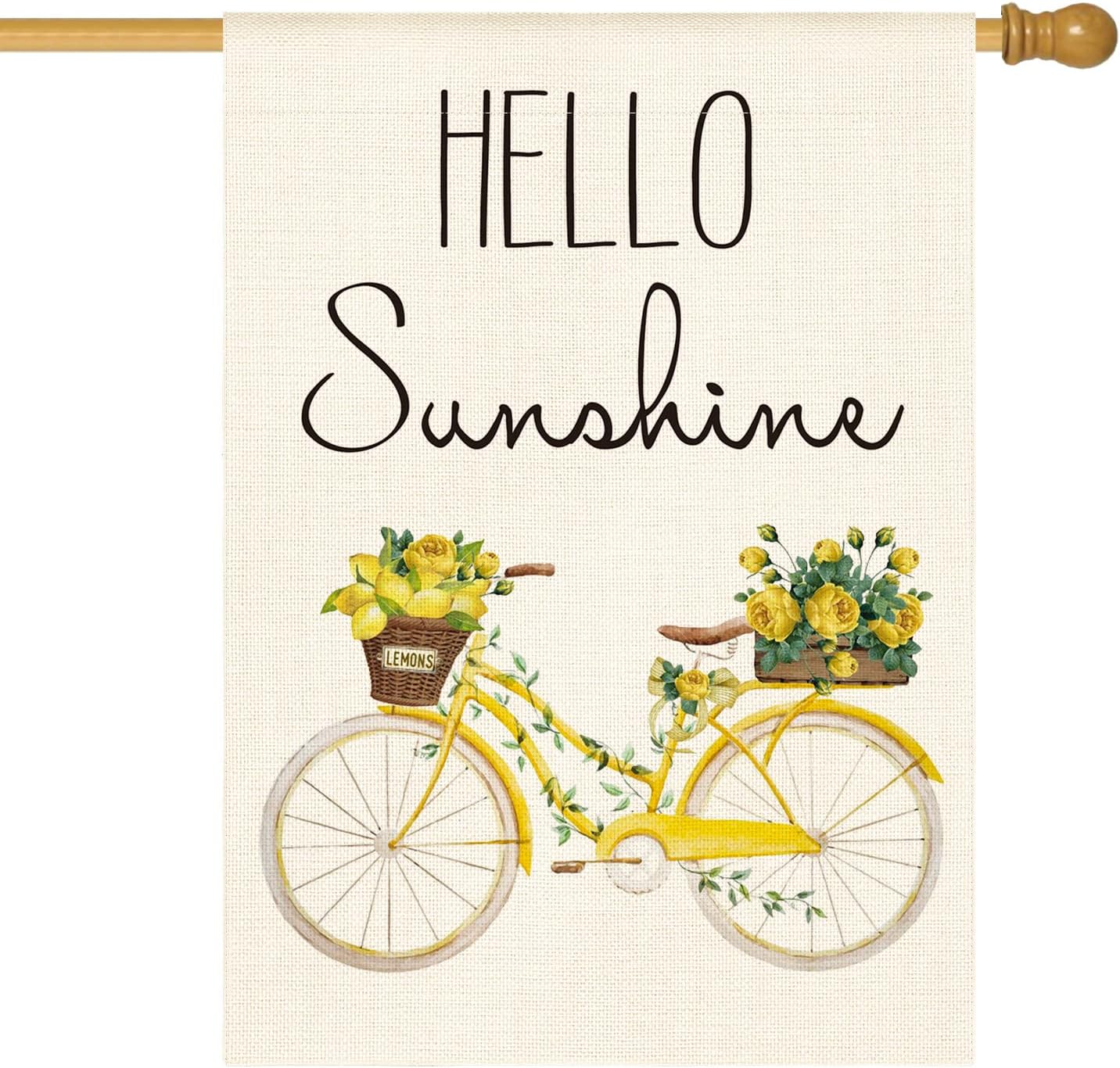 AVOIN colorlife Hello Sunshine Watercolor Bicycle House Flag Double Sided Outside, Spring Summer Lemon Rose Holiday Yard Outdoor Decoration 28 x 40 Inch