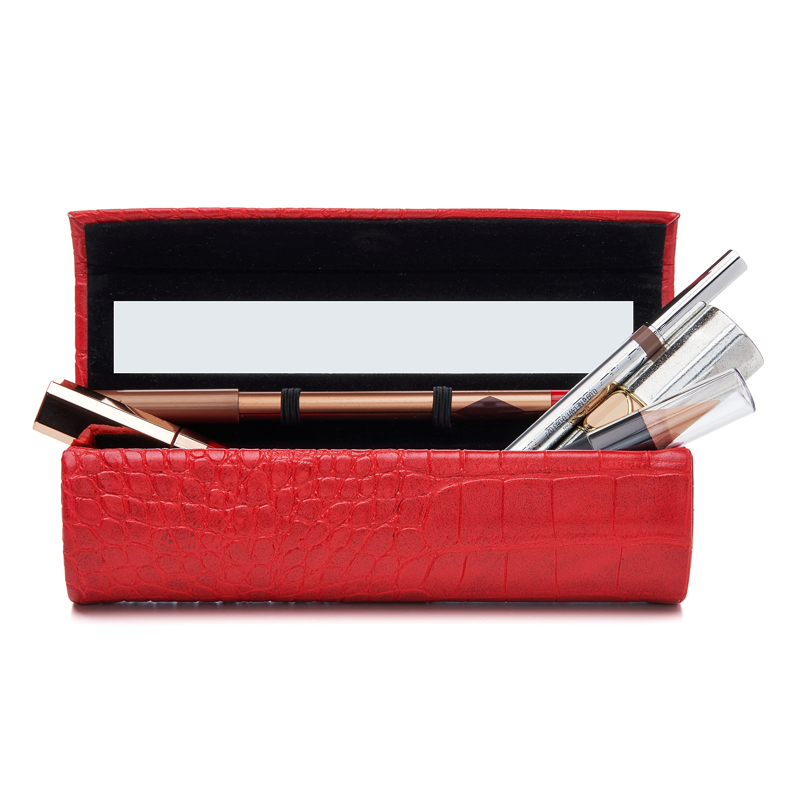 Susan Faris Lipstick Case Holder with Mirror for Purse, Travel Makeup Storage Organizer for Women, Cosmetic Case for Lipsticks Lip Liners & Glam Essentials, Gift Box, Pretty Ruby Red