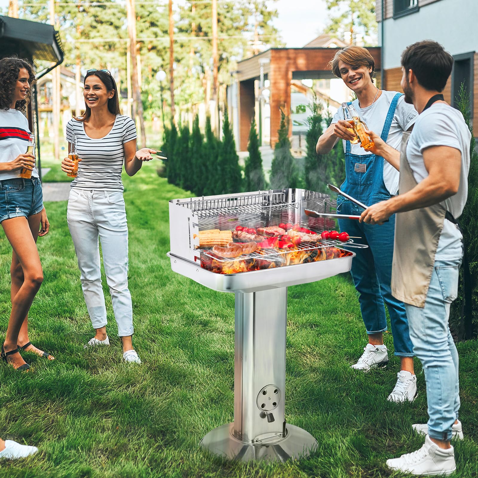 TLGREEN Barbecue a colonna in acciaio inox 57 * 38 * 90 cm, Altezza regolabile in 5 posizioni, Barbecue da esterno con Cassetto cenere, ventilazione e griglia cromata, Outdoor, BBQ, Spiagge, Giardino