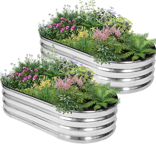 BIRDSINYARD Galvanized Raised Garden Bed - 4×2×1ft (2 Packs) Planter Raised Beds for Gardening | Oval Metal Garden Planter Box with Safety Edging and Gloves for Vegetables Fruits and Flower - Silver