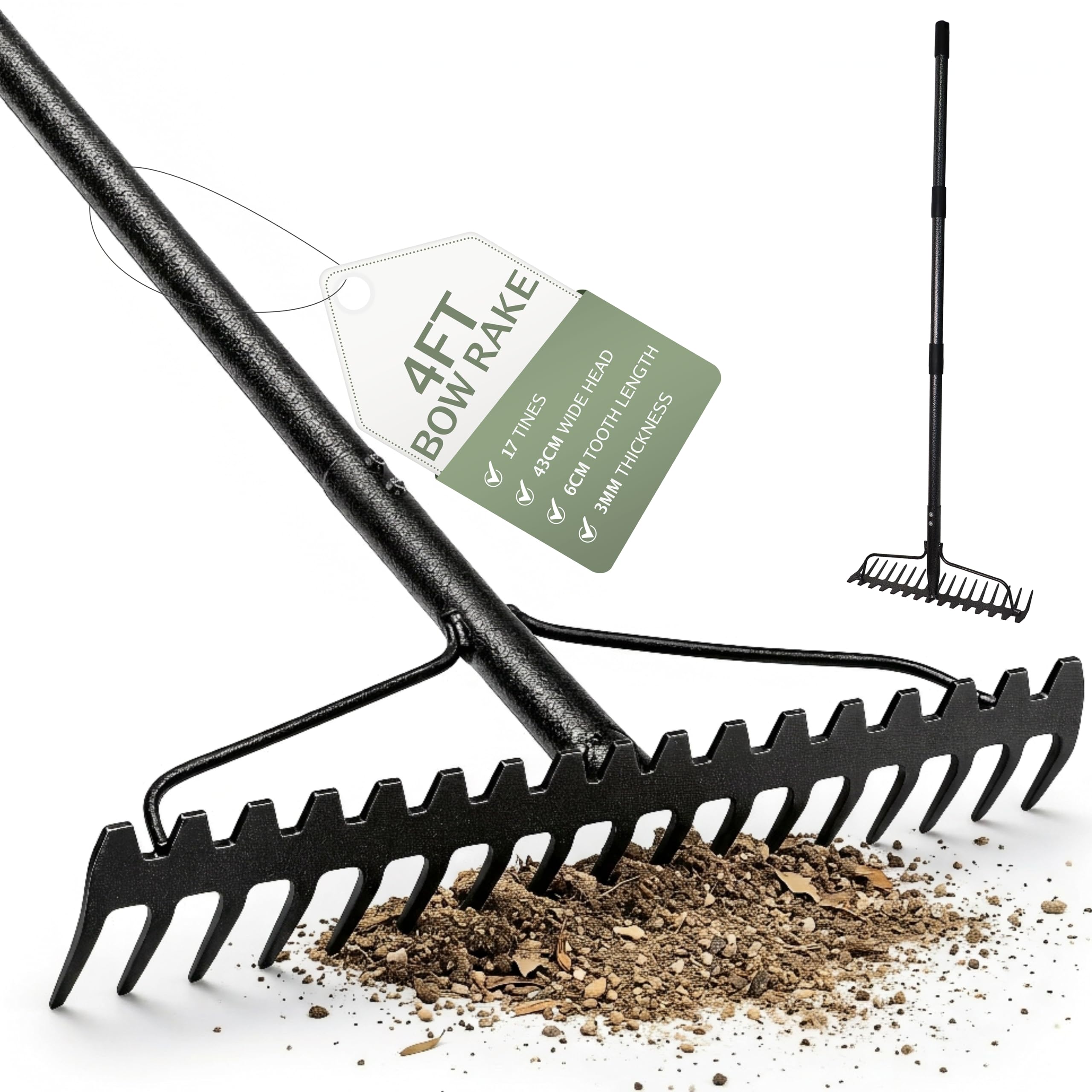 Pelle & Sol Heavy Duty Bow Rake 17 Tine Metal Garden Rake with Stainless Steel Handle, Iron Head for Gardening, Yard Work, Soil, Gravel, Lawn Levelling and Landscaping (4ft)