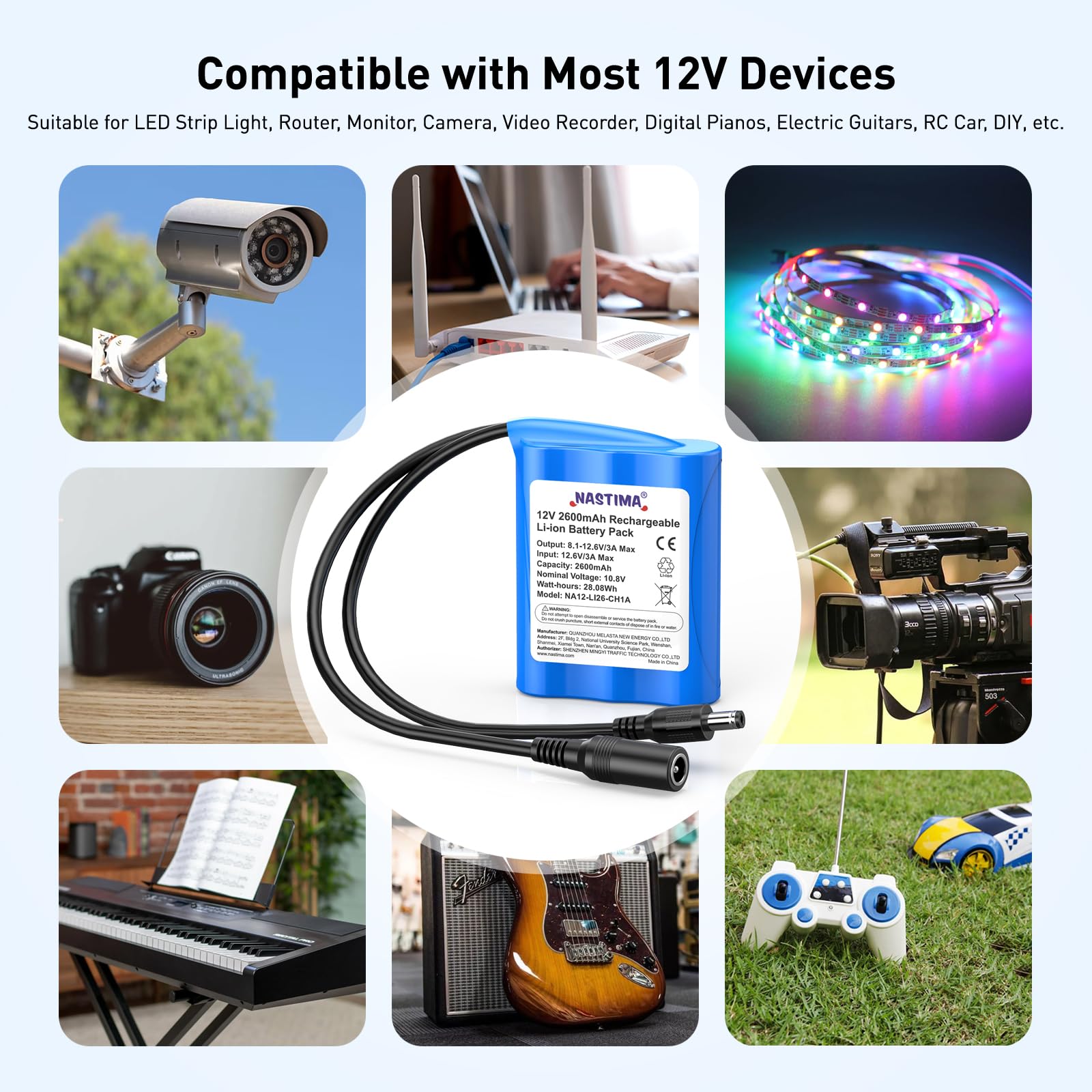 NASTIMA 2600mAh 28,08Wh 12V Batterie Lithium-Ion Rechargeable Adaptée aux Appareils Photo, Caméscopes, Lecteurs MP3, Claviers Électroniques, Routeur, Radio, etc. Chargeur et Connecteur Inclus