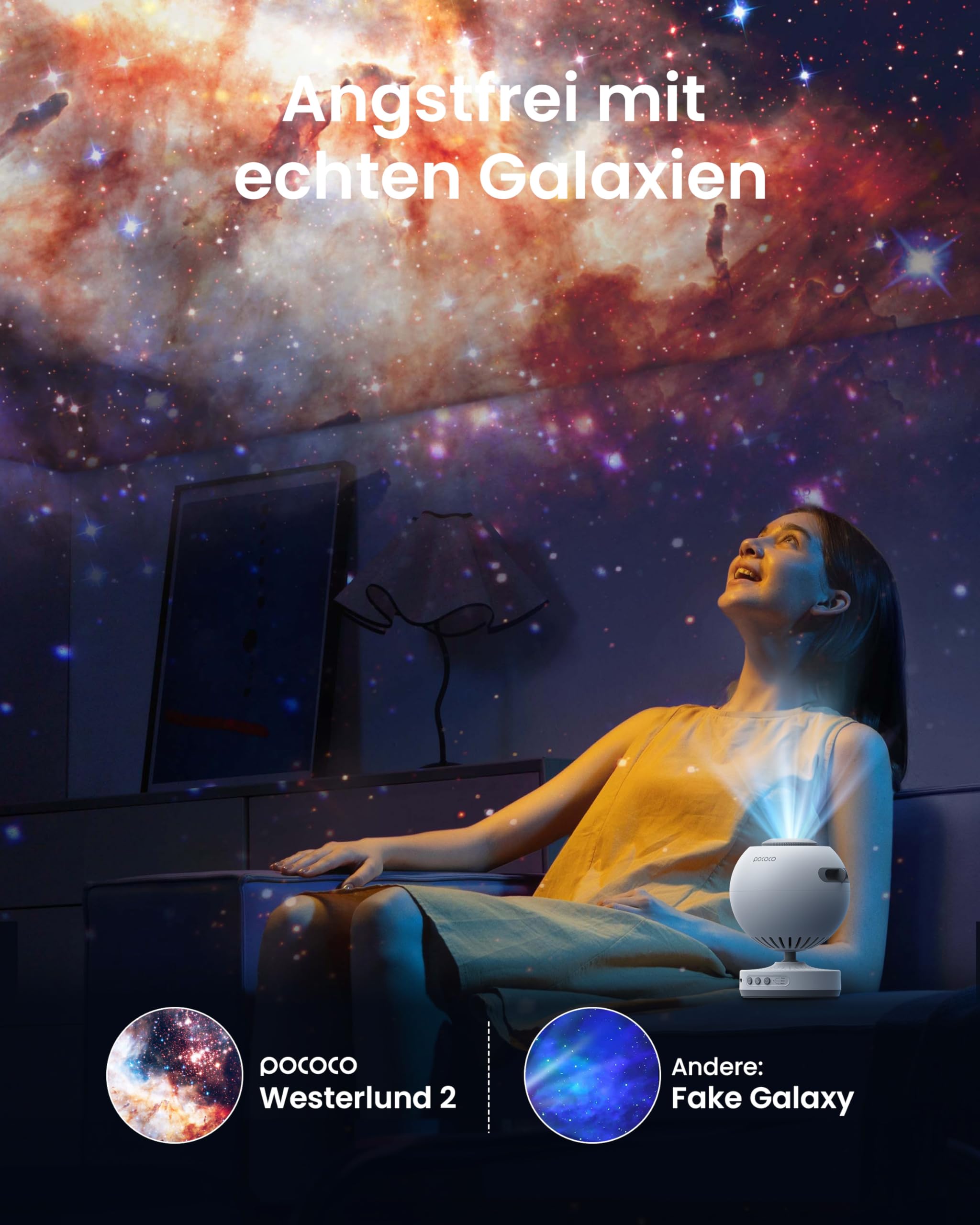 POCOCO Sternenhimmel Projektor, LED Galaxy Projektor, Planetarium für Kinder & Erwachsene, Aurora Nachtlicht mit 2 Discs & Timer