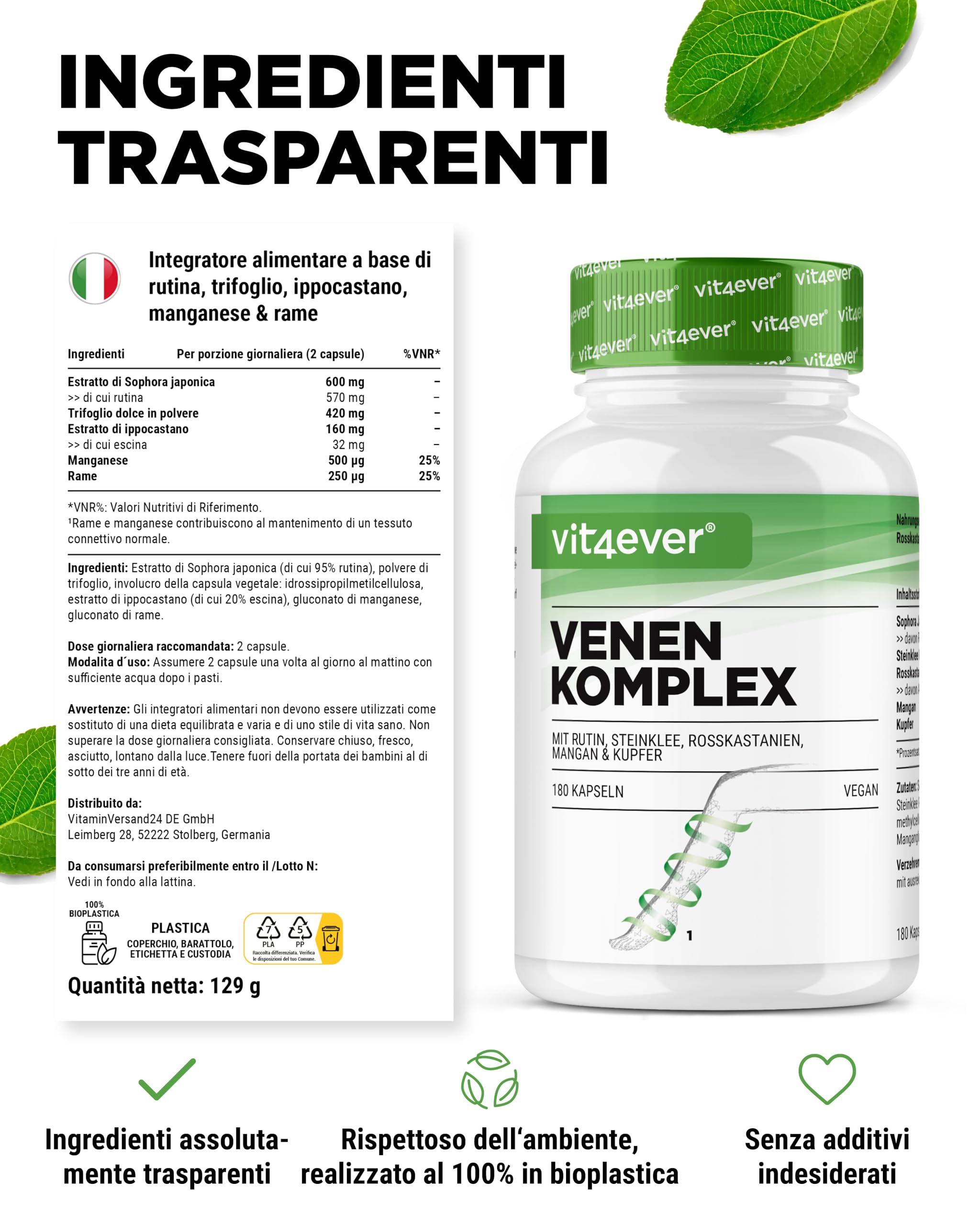 Complesso venoso - 180 capsule - Scorta di 3 mesi - Alto dosaggio di rutina, trifoglio, estratto di ippocastano, manganese, rame - Estratti pregiati - Vegan