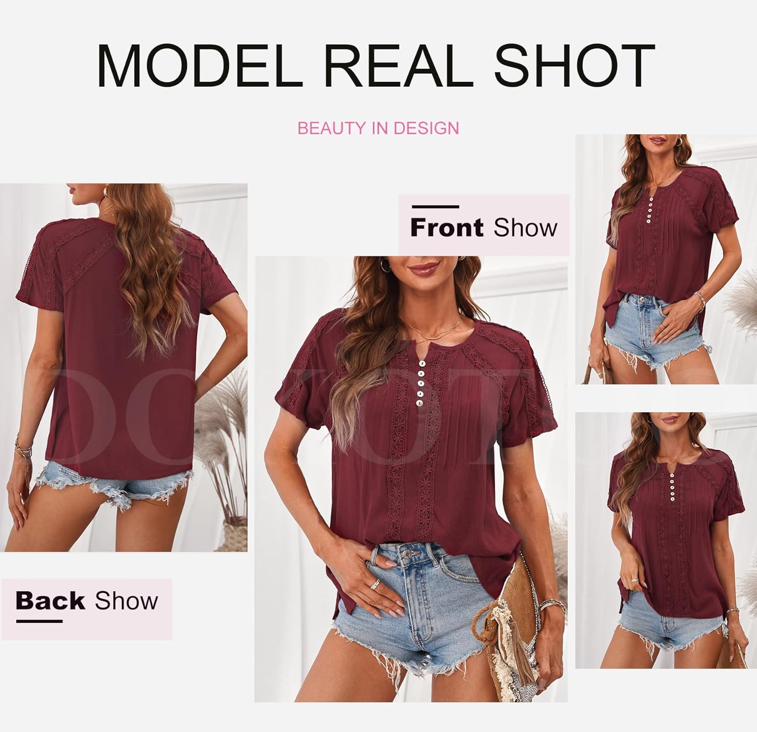 Dokotoo Women's V Neck Lace Crochet Eyelet Tops Short Sleeve Casual Shirts Blouses - Image 4