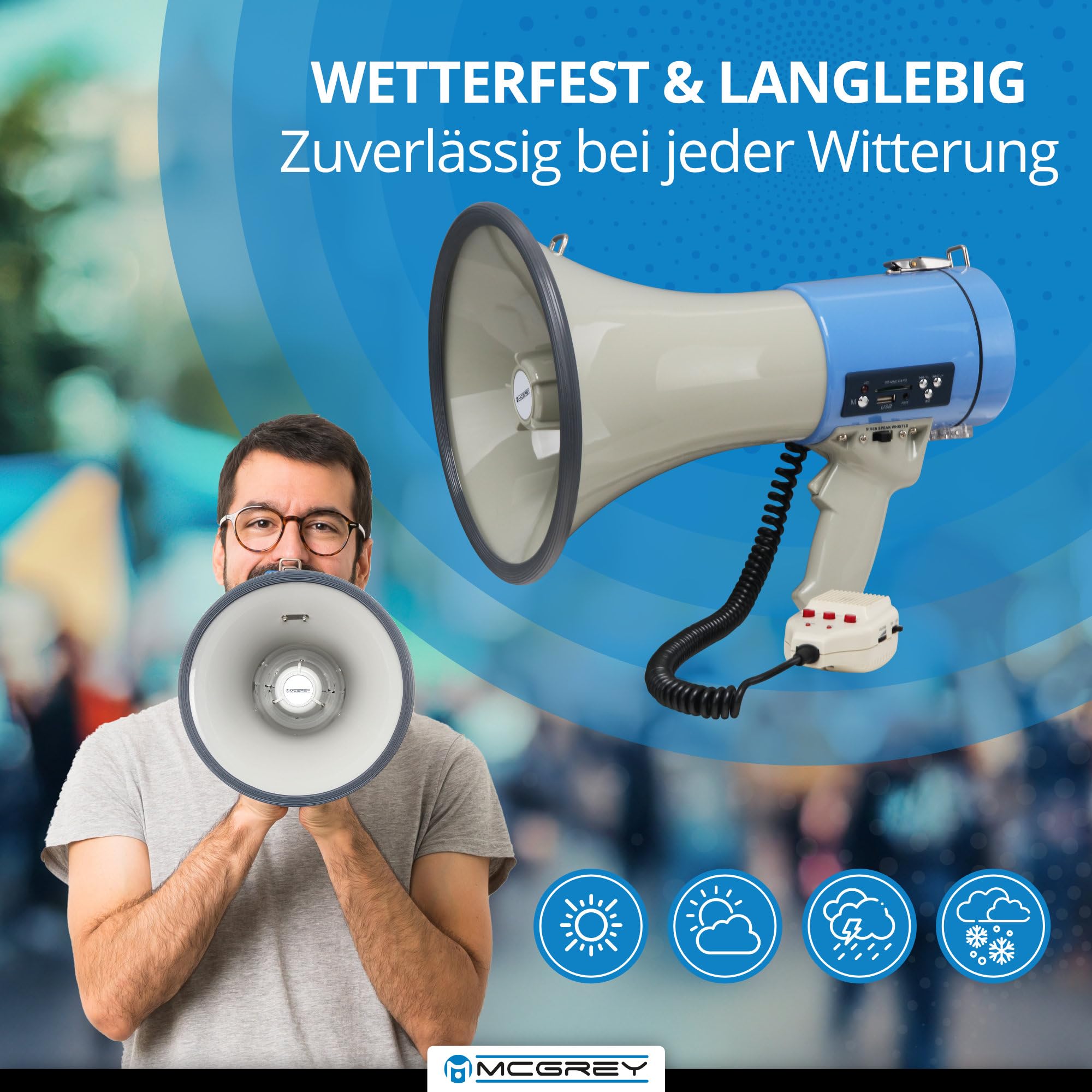 McGrey MP-800HRS Megaphon (Sprachrohr, 25 Watt RMS/80 Watt MAX), bis zu 1000m Reichweite, Handmikrofon, Sirene, Whistle, Aufnahmefunktion, USB/SD/AUX-MP3-Player batteriebetrieben grau/blau