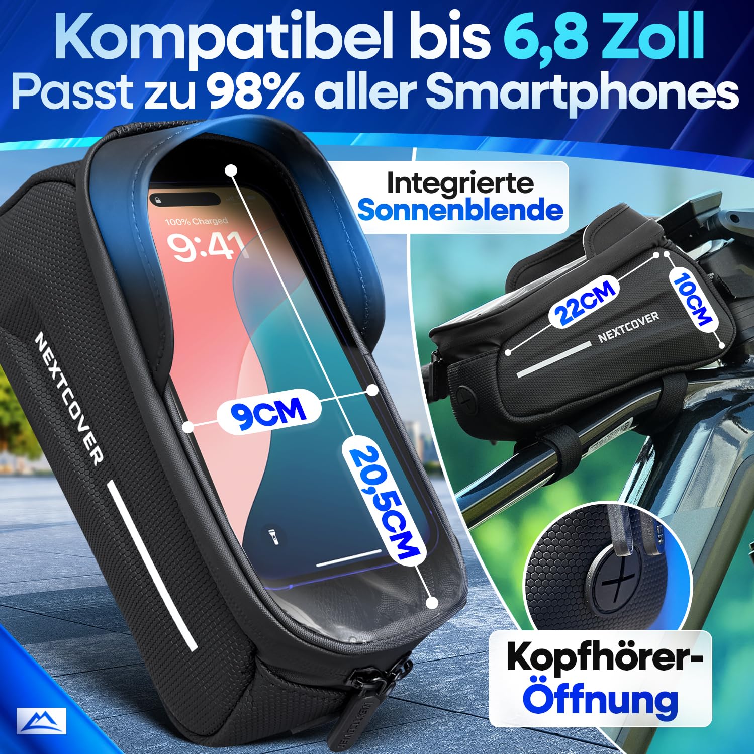 Nextcover® Rahmentasche Fahrrad mit Handytasche I Fahrrad Rahmentasche mit Touchscreen I Fahrradtasche Rahmen Wasserdicht, Oberrohrtasche Bikepacking - Ideal für E-Bike, MTB, Gravelbike, Rennrad